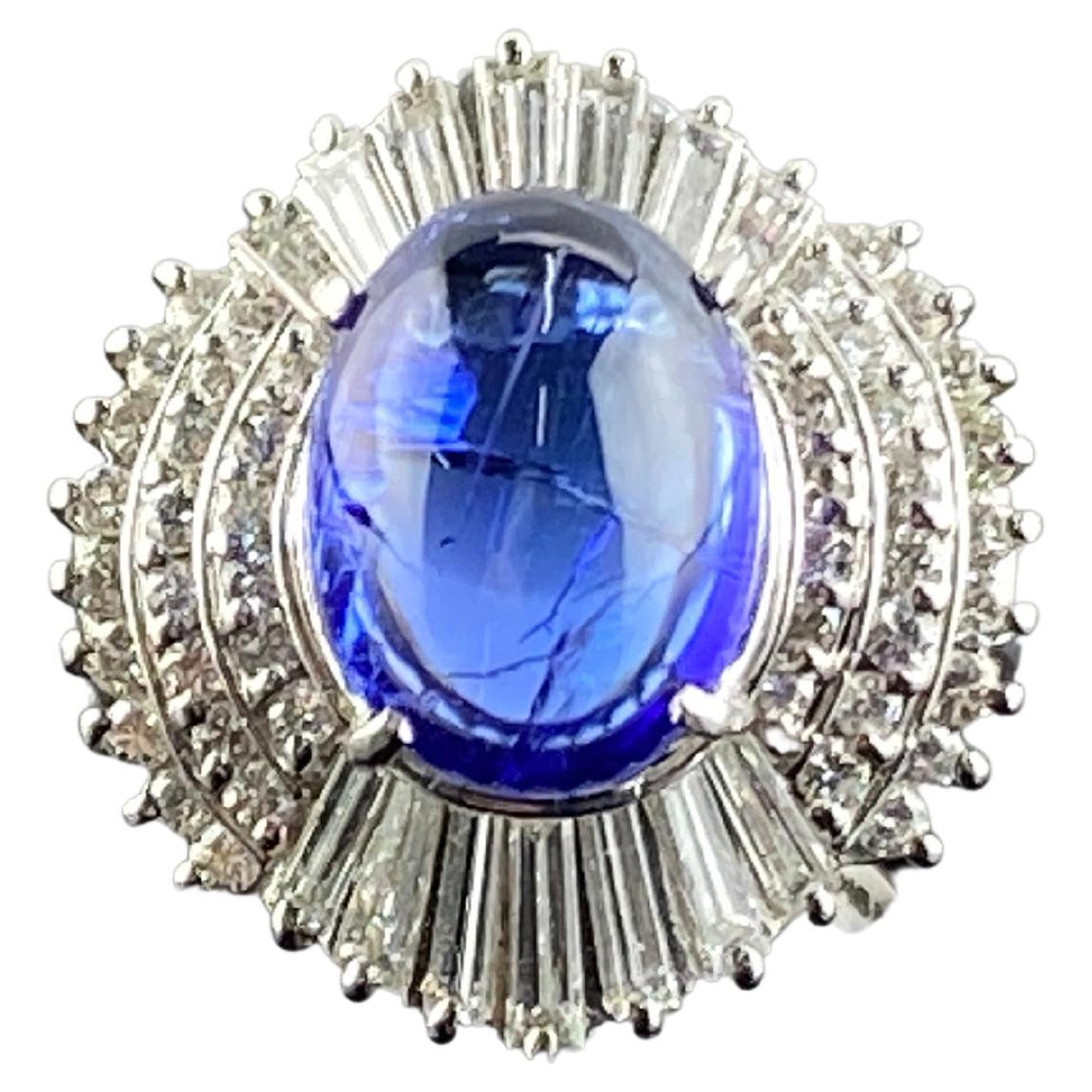Art-Deco 5.63 Carat Tanzanite Cabochon and Diamond Platinum Engagement Ring For Sale