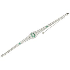 Art Deco 5.72 Carat Marquise Diamond Emerald Platinum Strap Line Bracelet