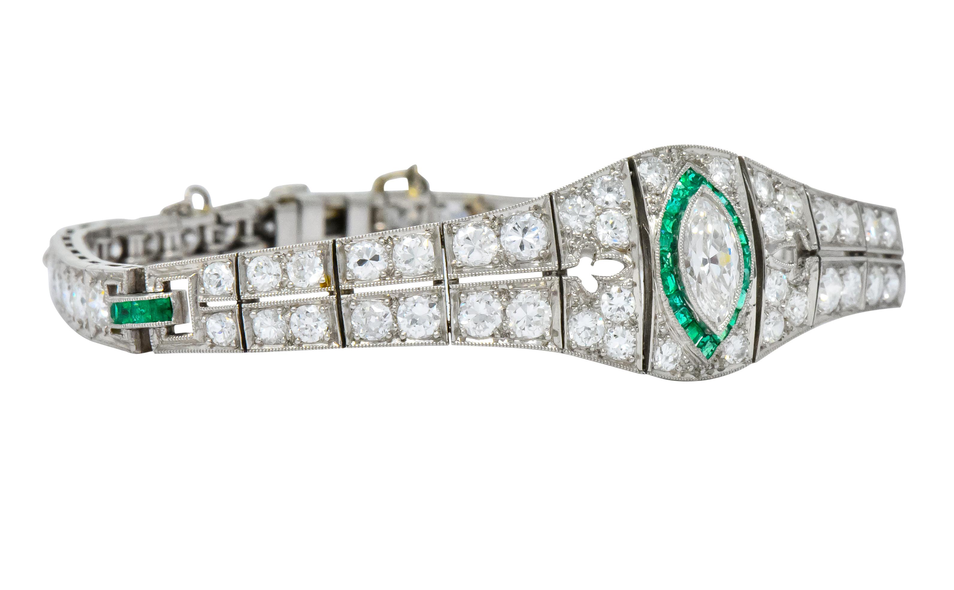 Marquise Cut Art Deco 5.72 Carat Marquise Diamond Emerald Platinum Strap Line Bracelet