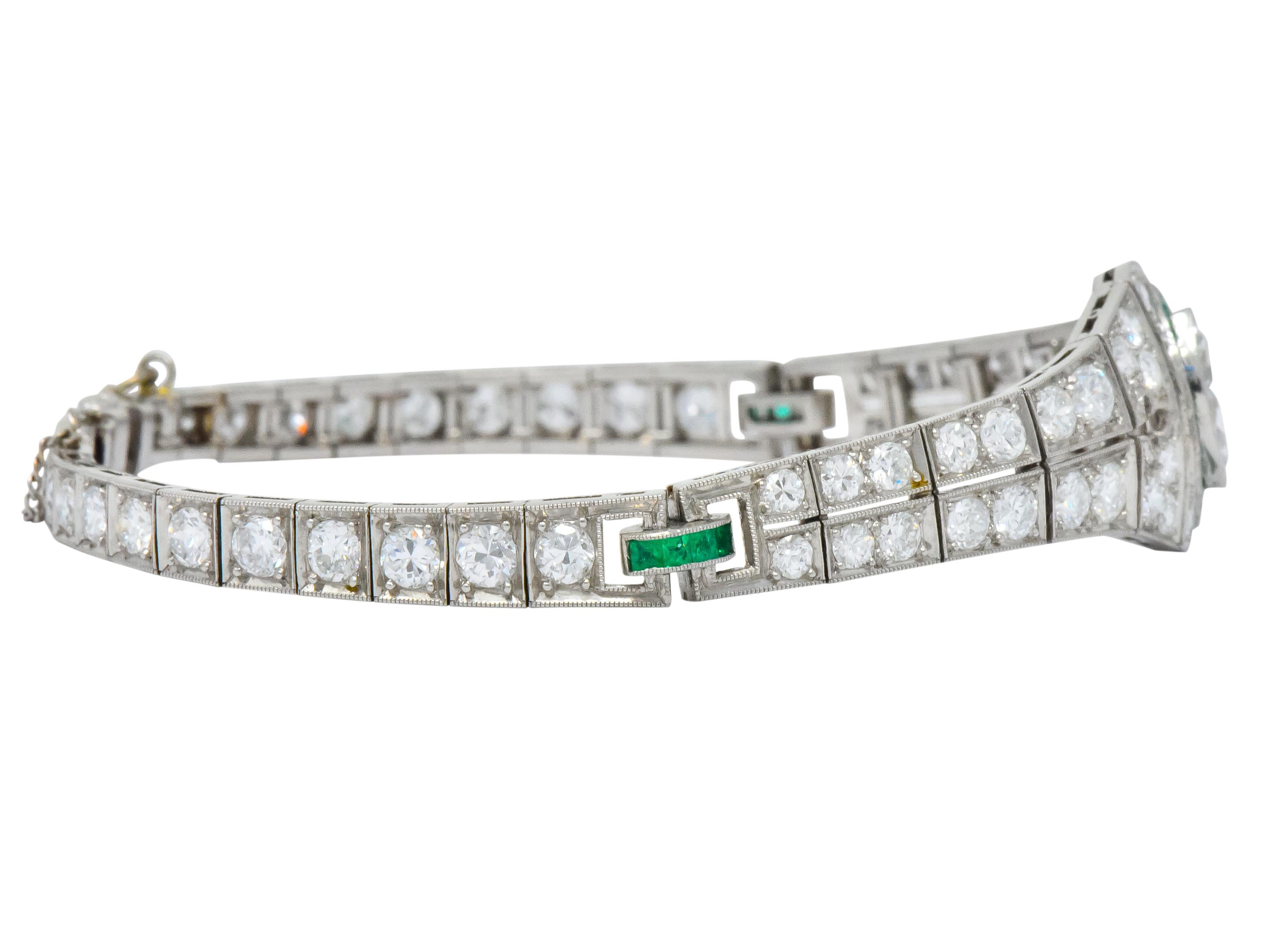 Art Deco 5.72 Carat Marquise Diamond Emerald Platinum Strap Line Bracelet In Excellent Condition In Philadelphia, PA