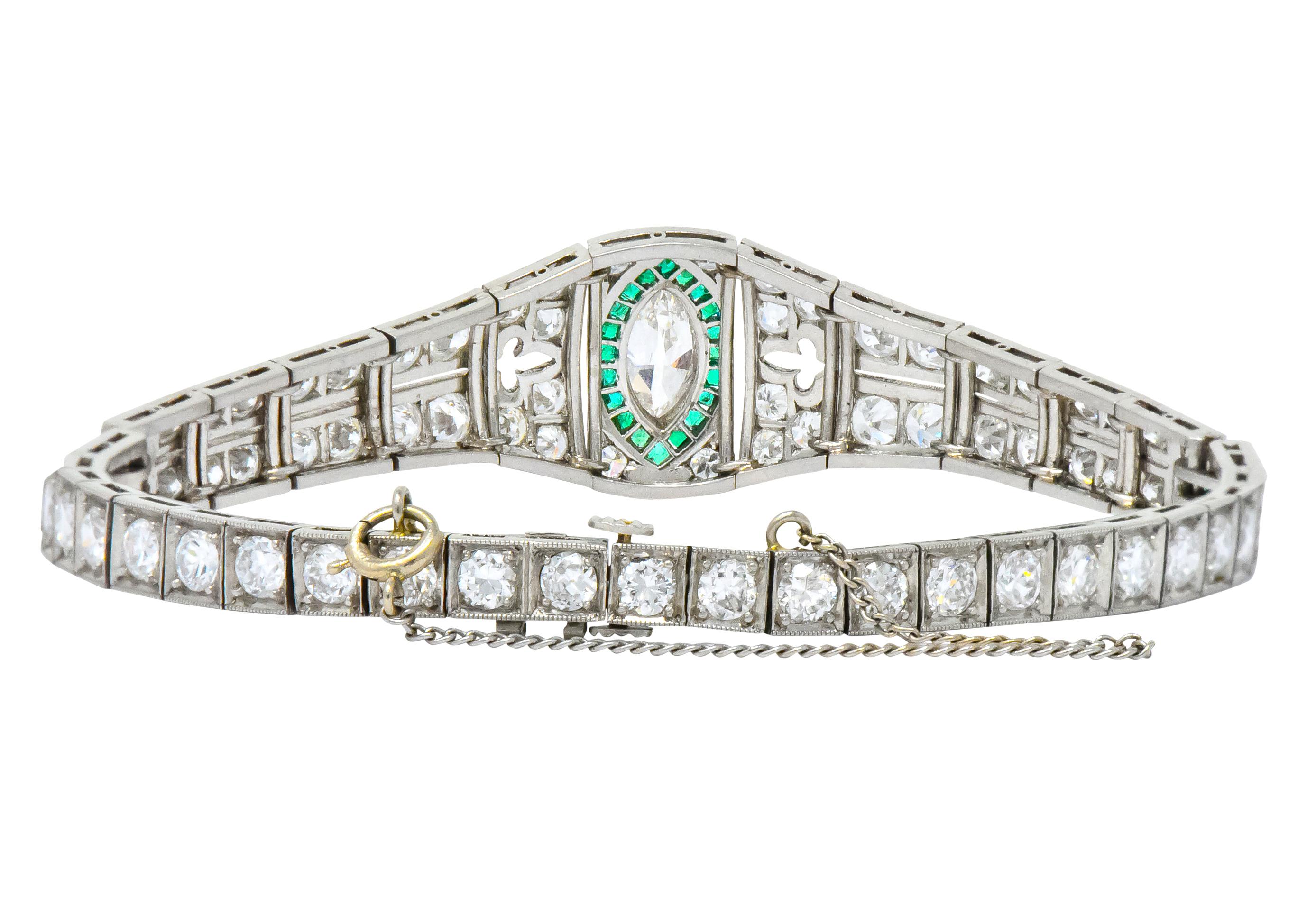 Women's or Men's Art Deco 5.72 Carat Marquise Diamond Emerald Platinum Strap Line Bracelet