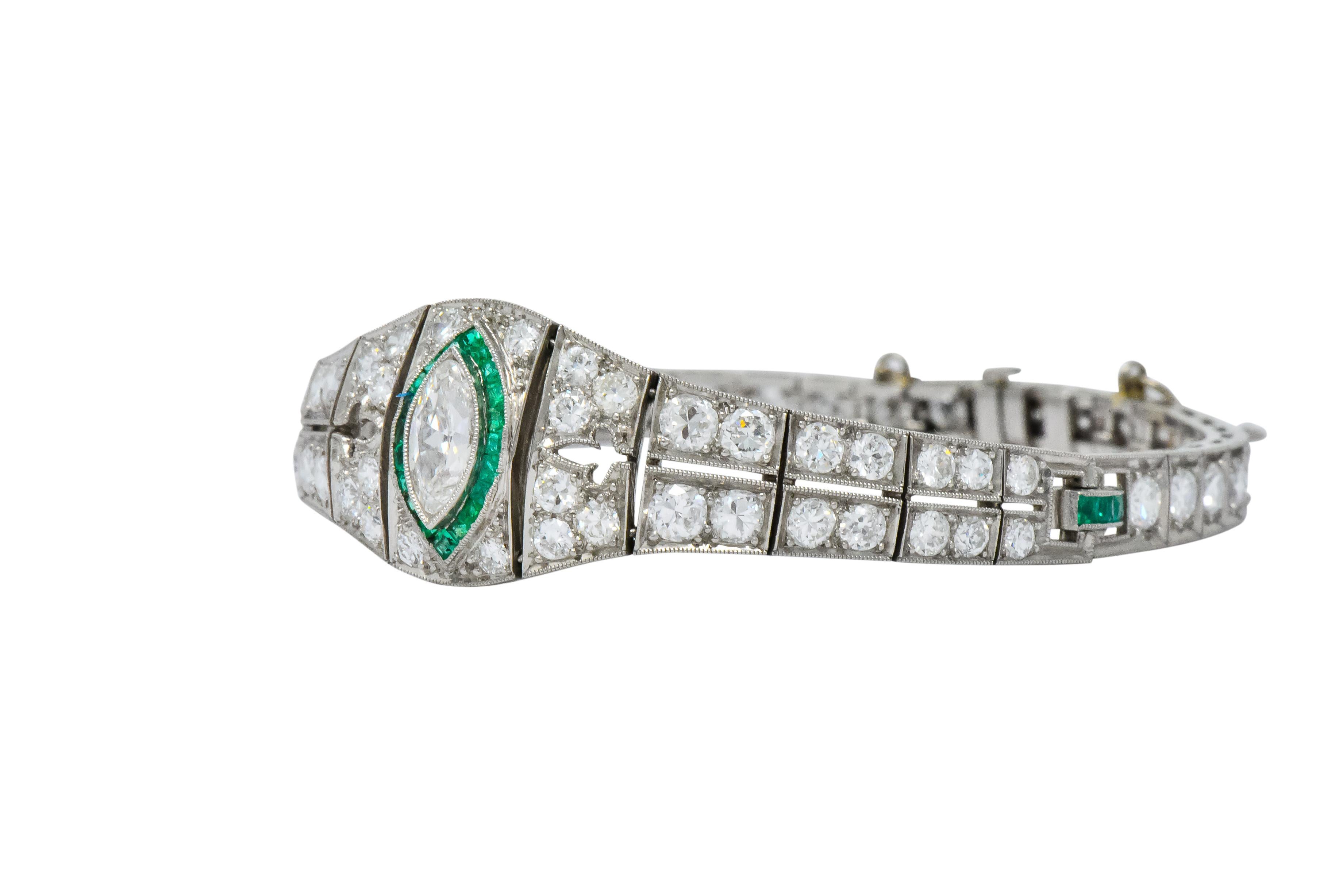 Art Deco 5.72 Carat Marquise Diamond Emerald Platinum Strap Line Bracelet 2