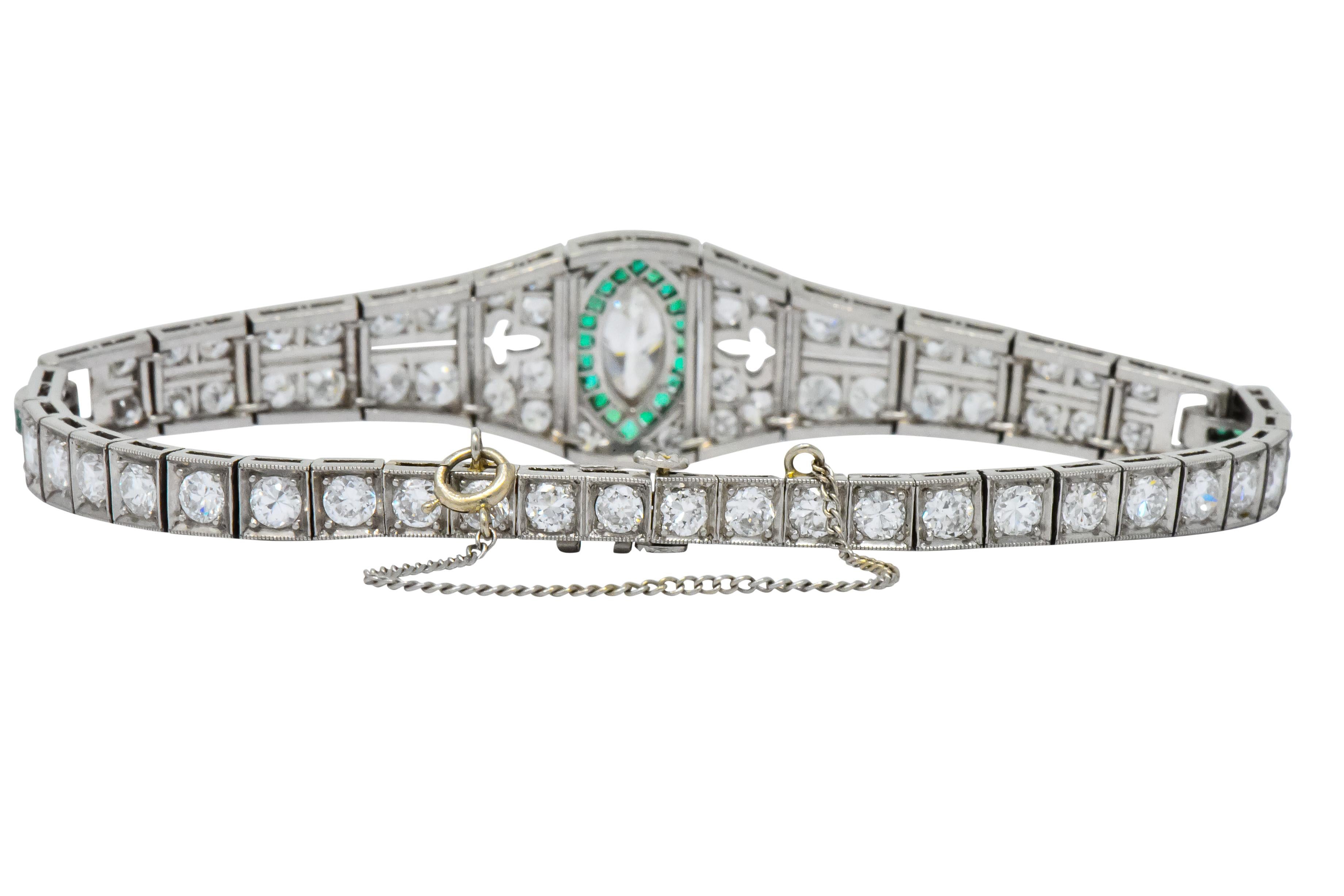 Art Deco 5.72 Carat Marquise Diamond Emerald Platinum Strap Line Bracelet 3