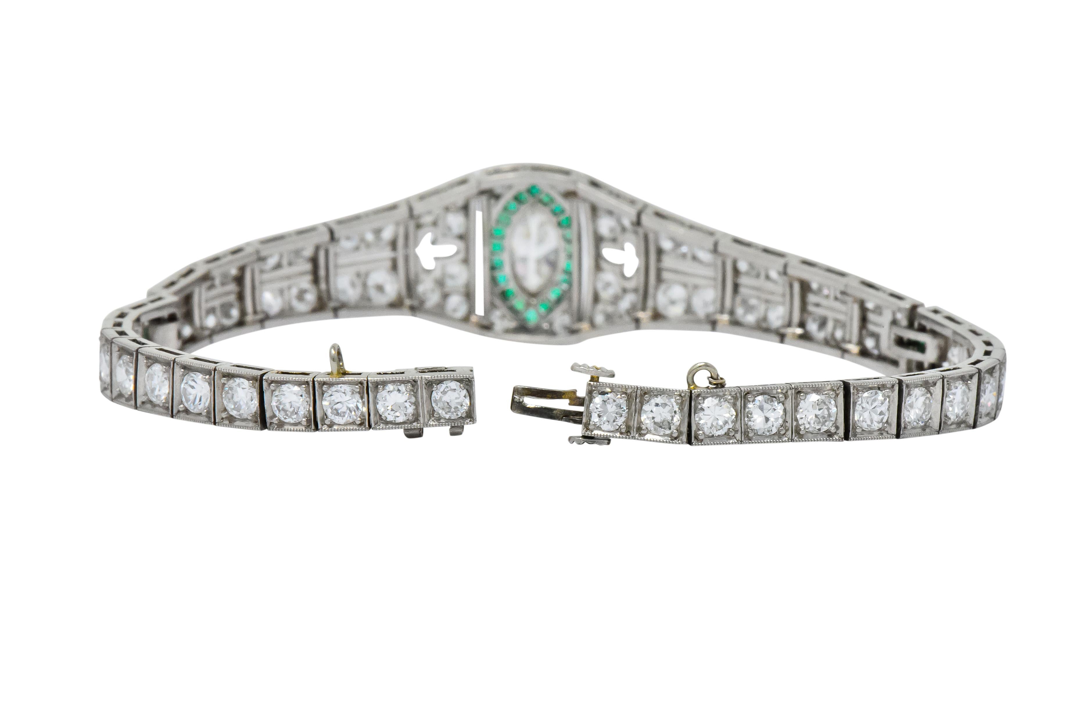 Art Deco 5.72 Carat Marquise Diamond Emerald Platinum Strap Line Bracelet 4