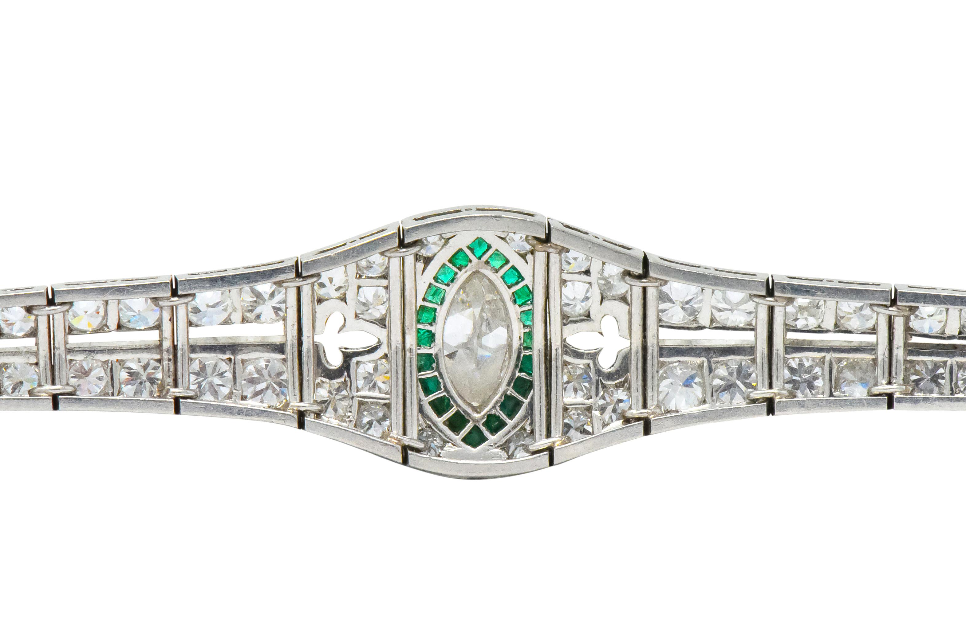 Art Deco 5.72 Carat Marquise Diamond Emerald Platinum Strap Line Bracelet 5