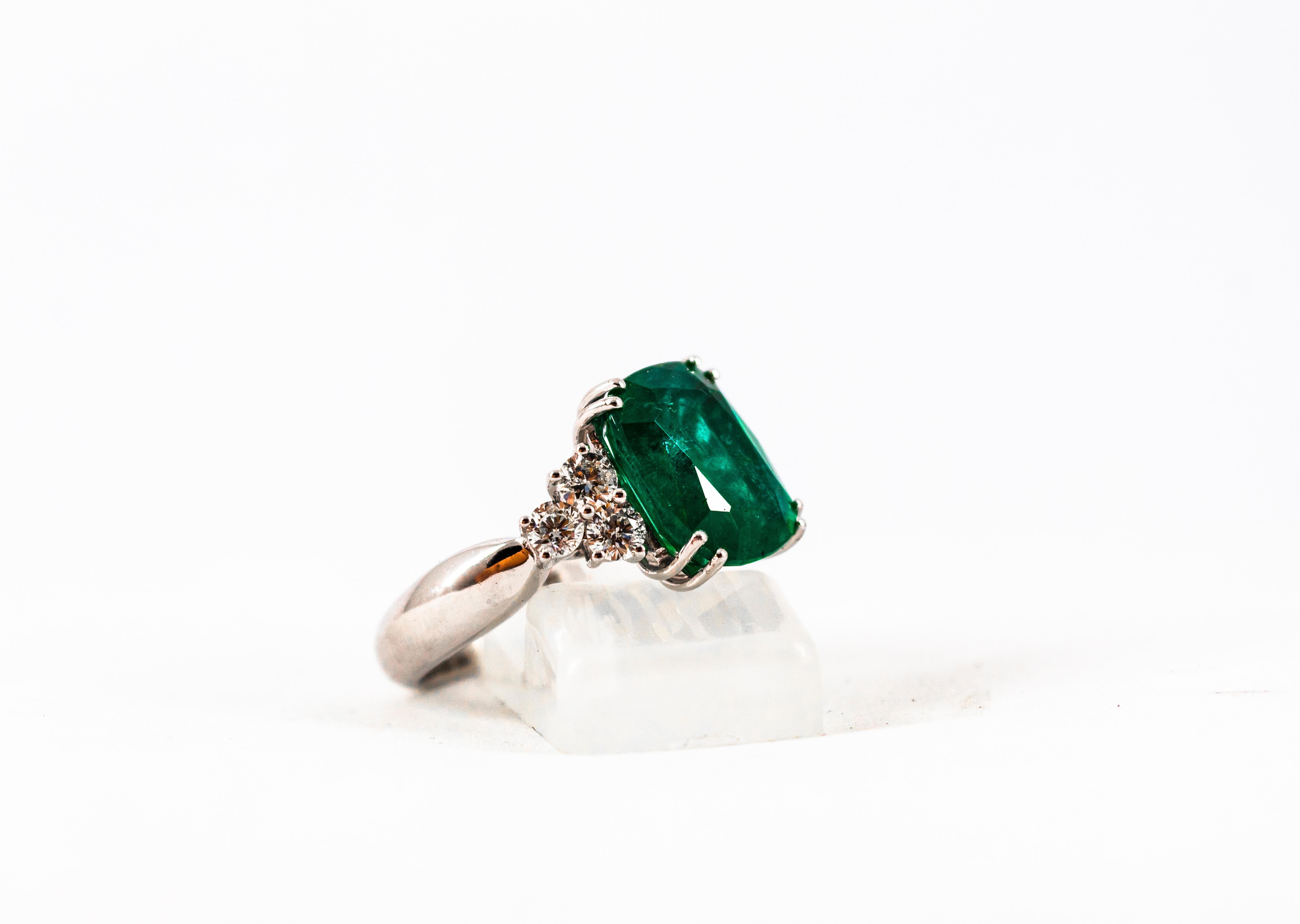 Art Deco 5.73 Carat Emerald 0.74 Carat White Diamond White Gold Cocktail Ring 9