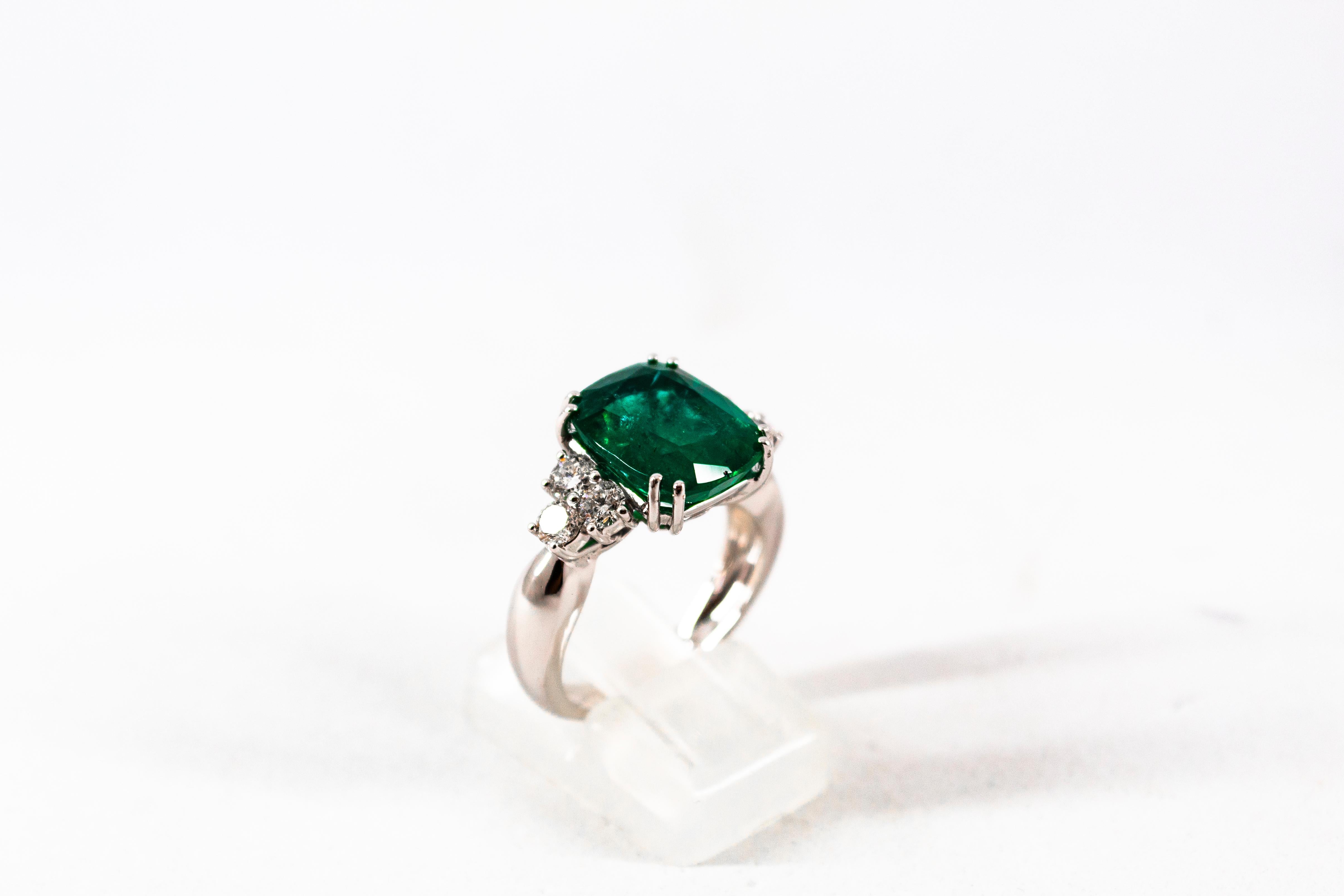 Art Deco 5.73 Carat Emerald 0.74 Carat White Diamond White Gold Cocktail Ring 5