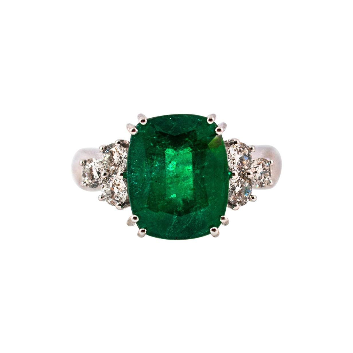 Art Deco 5.73 Carat Emerald 0.74 Carat White Diamond White Gold Cocktail Ring