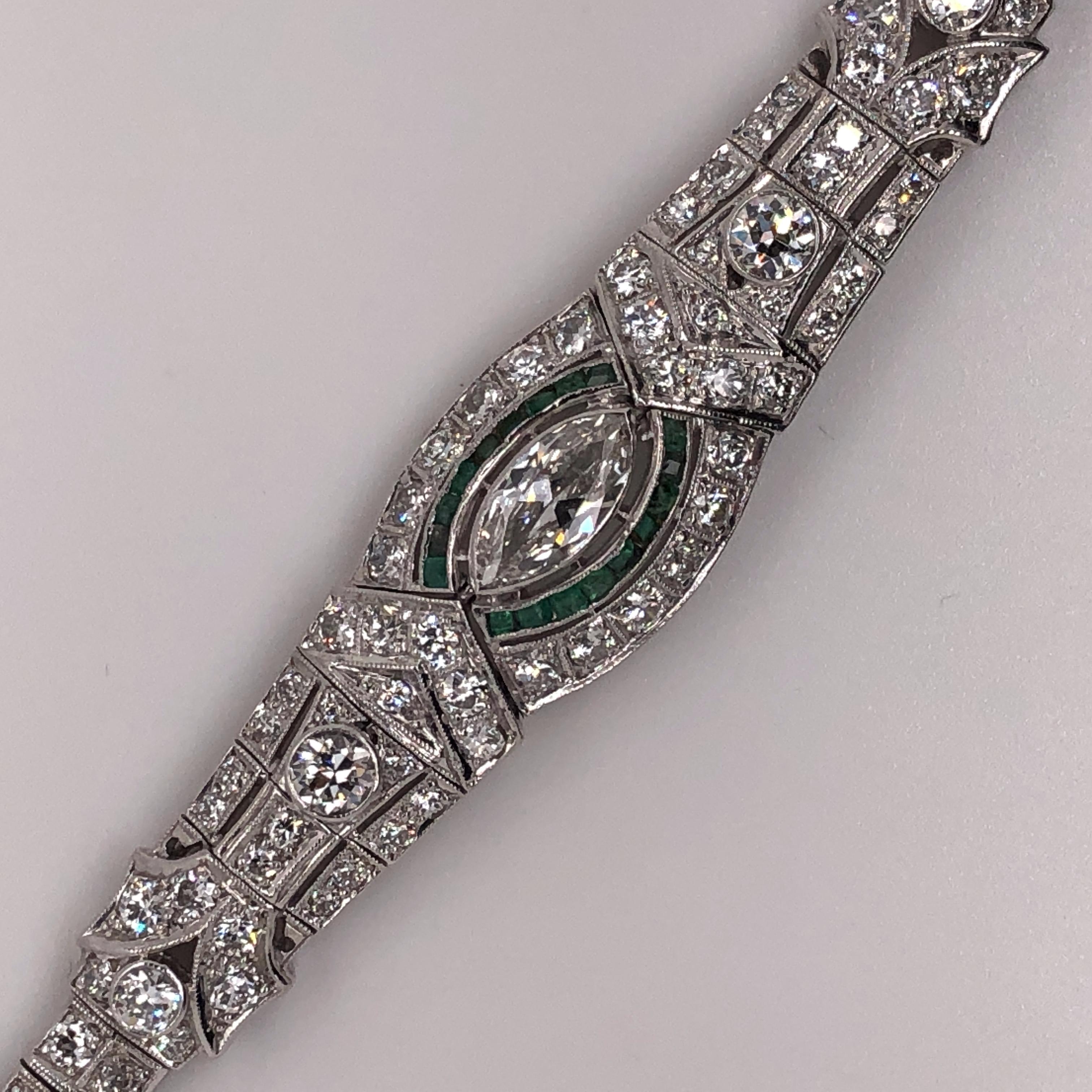 Old European Cut Art Deco 5.76 Carat Diamond and French Cut Emerald Bracelet