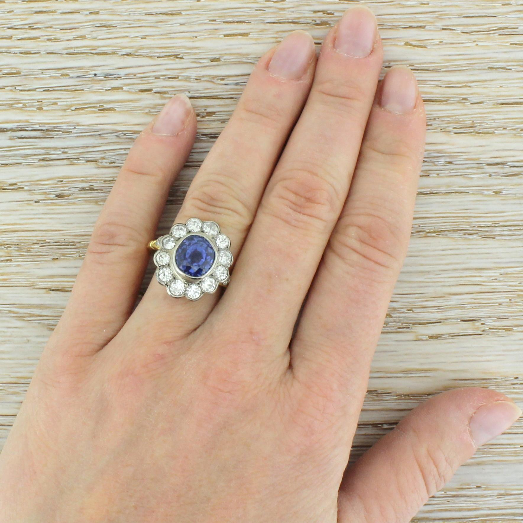 Art Deco 5.76 Carat Natural Ceylon Sapphire and Old Cut Diamond Cluster Ring For Sale 1