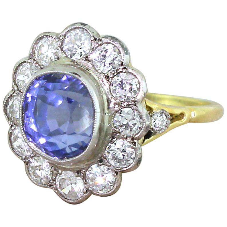 Art Deco 5.76 Carat Natural Ceylon Sapphire and Old Cut Diamond Cluster Ring For Sale