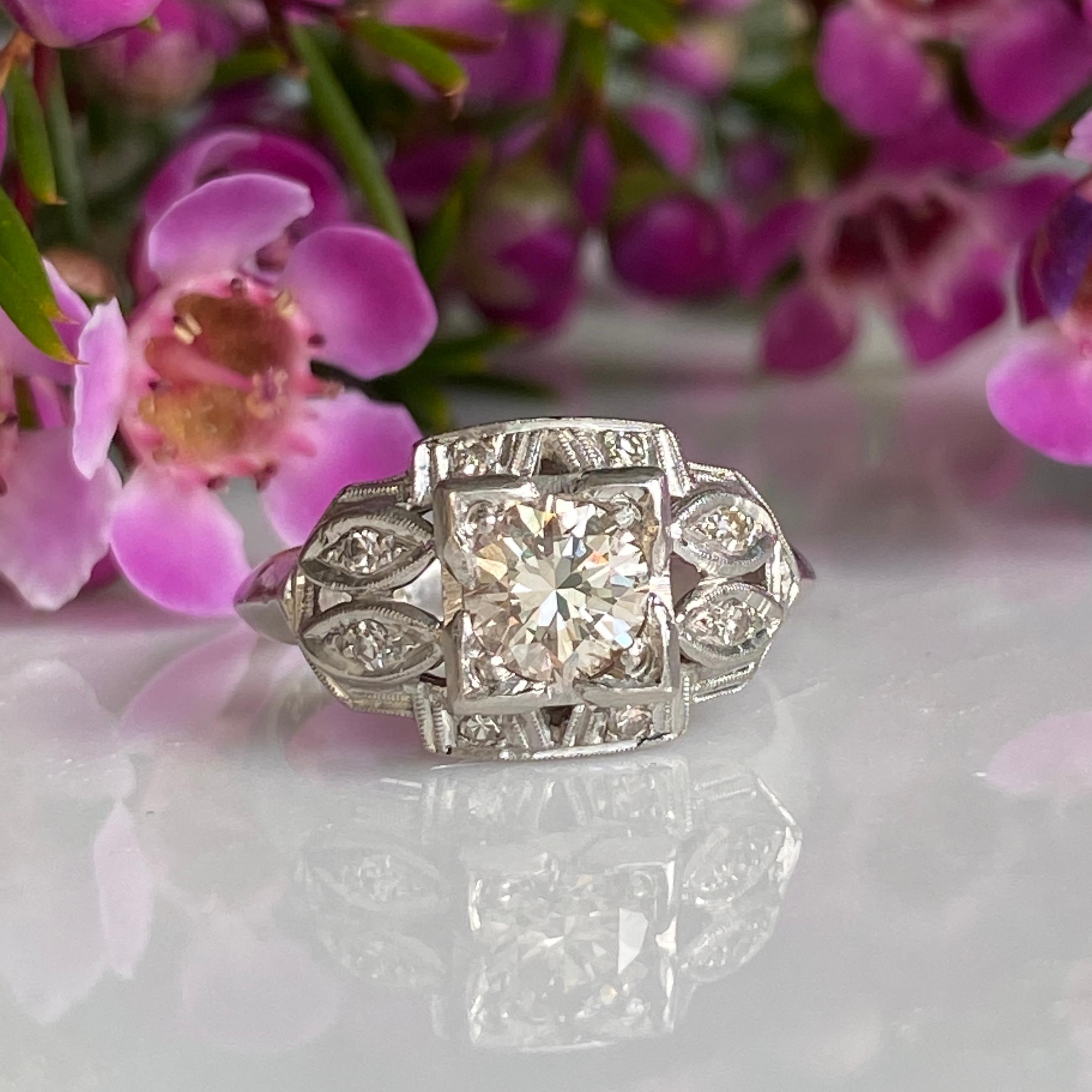 Women's Art Deco .57ct Diamond Platinum Engagement Ring For Sale