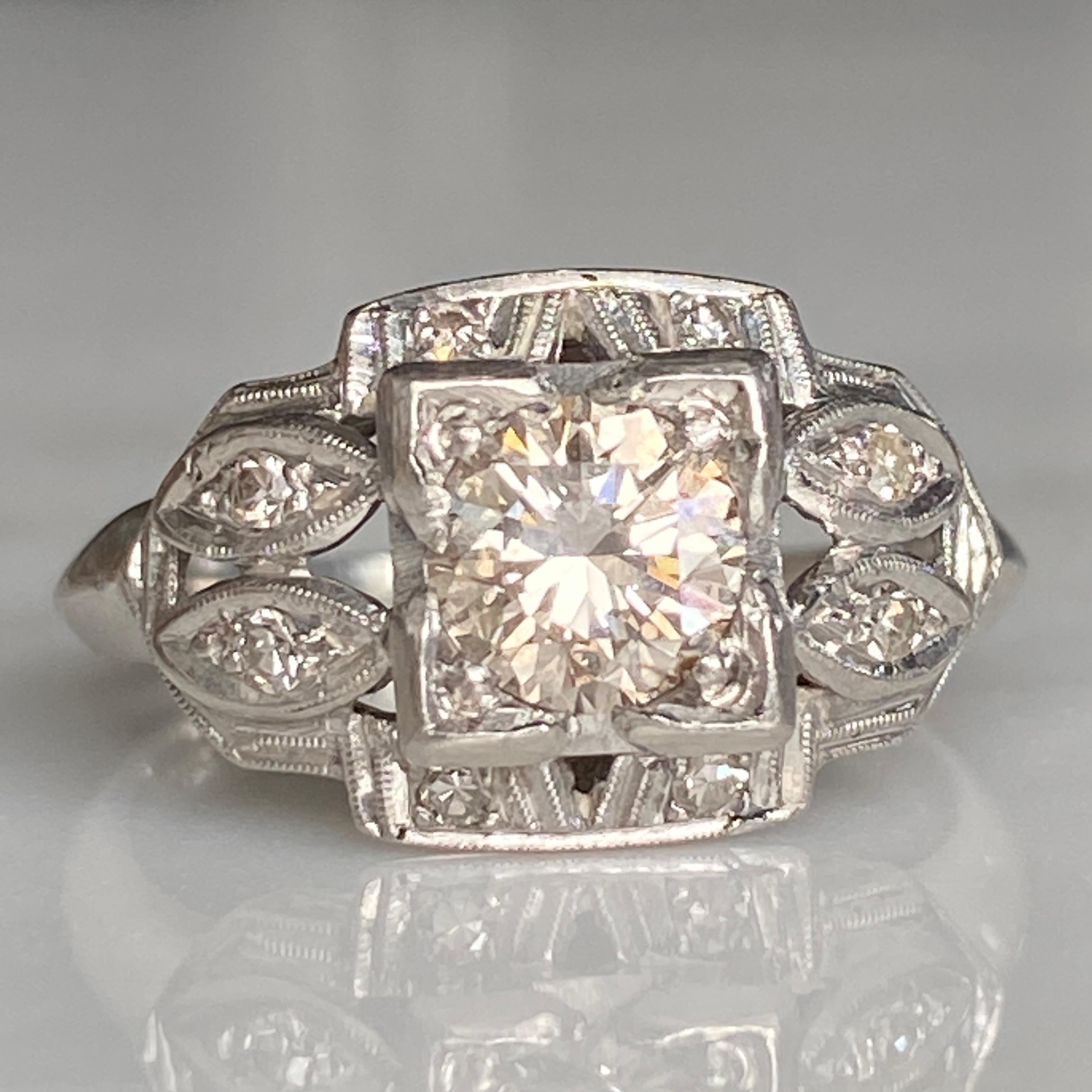 Art Deco .57ct Diamond Platinum Engagement Ring For Sale 12