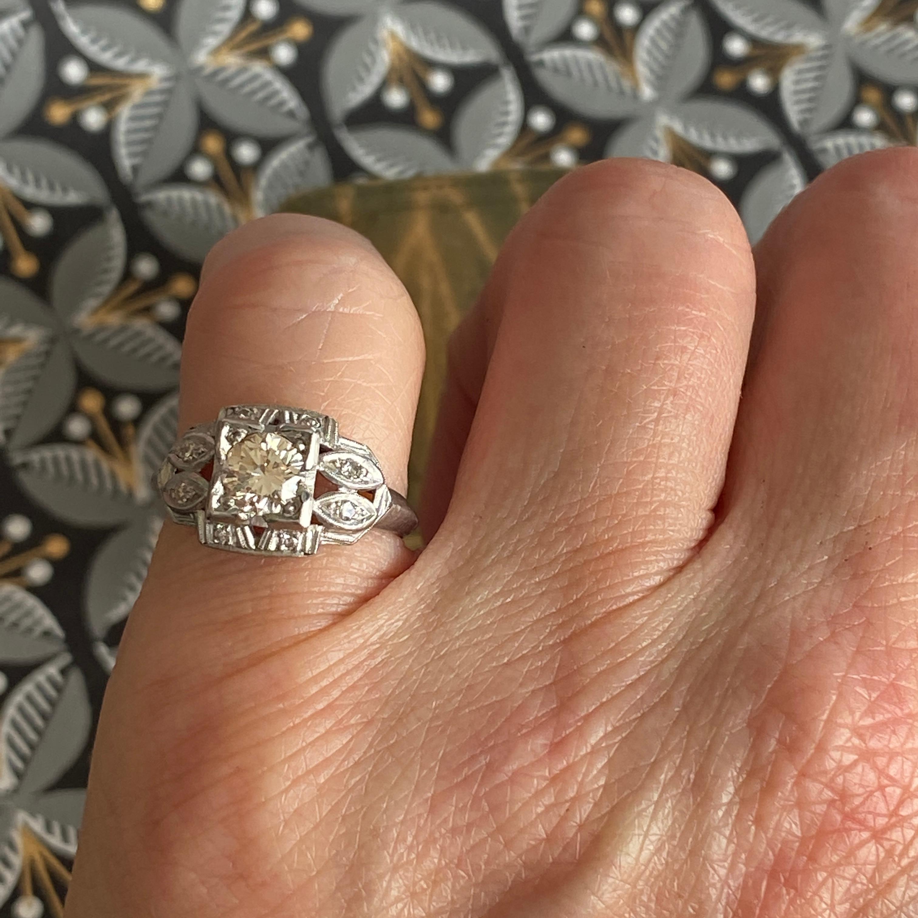 Round Cut Art Deco .57ct Diamond Platinum Engagement Ring For Sale