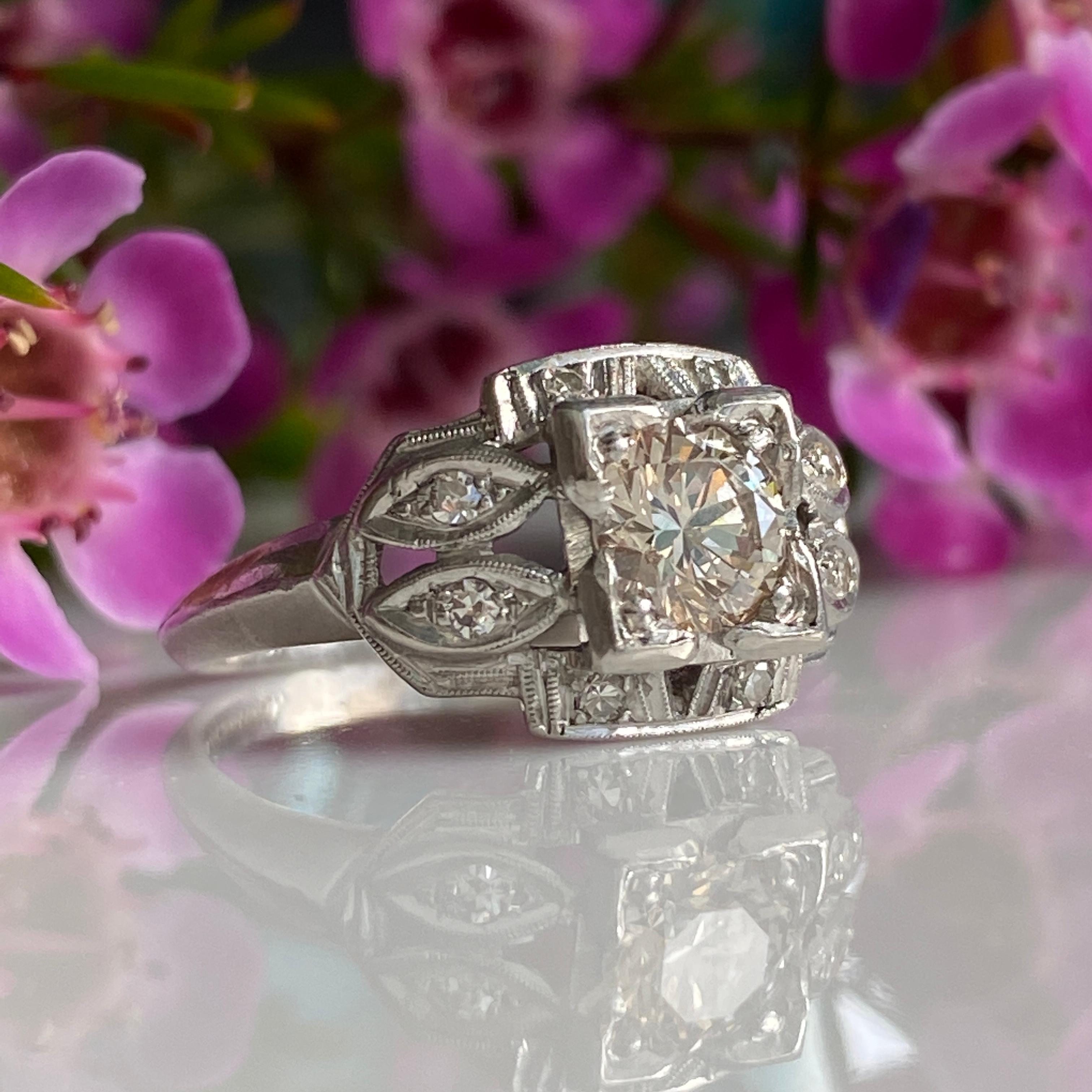 Art Deco .57ct Diamond Platinum Engagement Ring In Good Condition For Sale In Scotts Valley, CA
