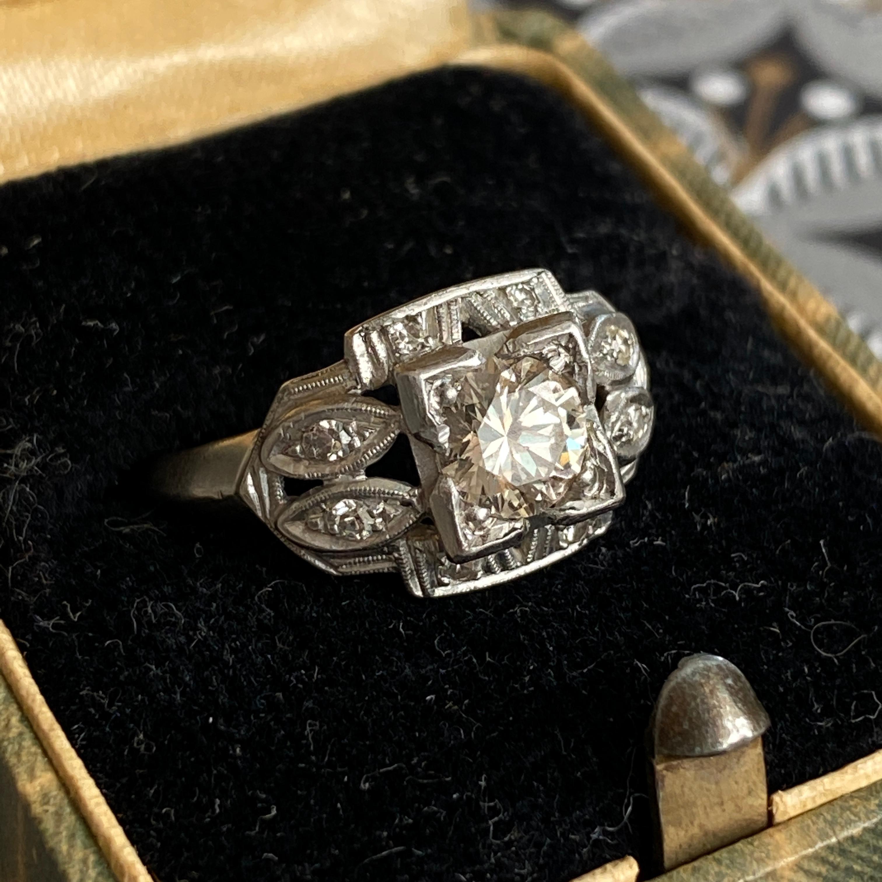 Art Deco .57ct Diamond Platinum Engagement Ring For Sale 7