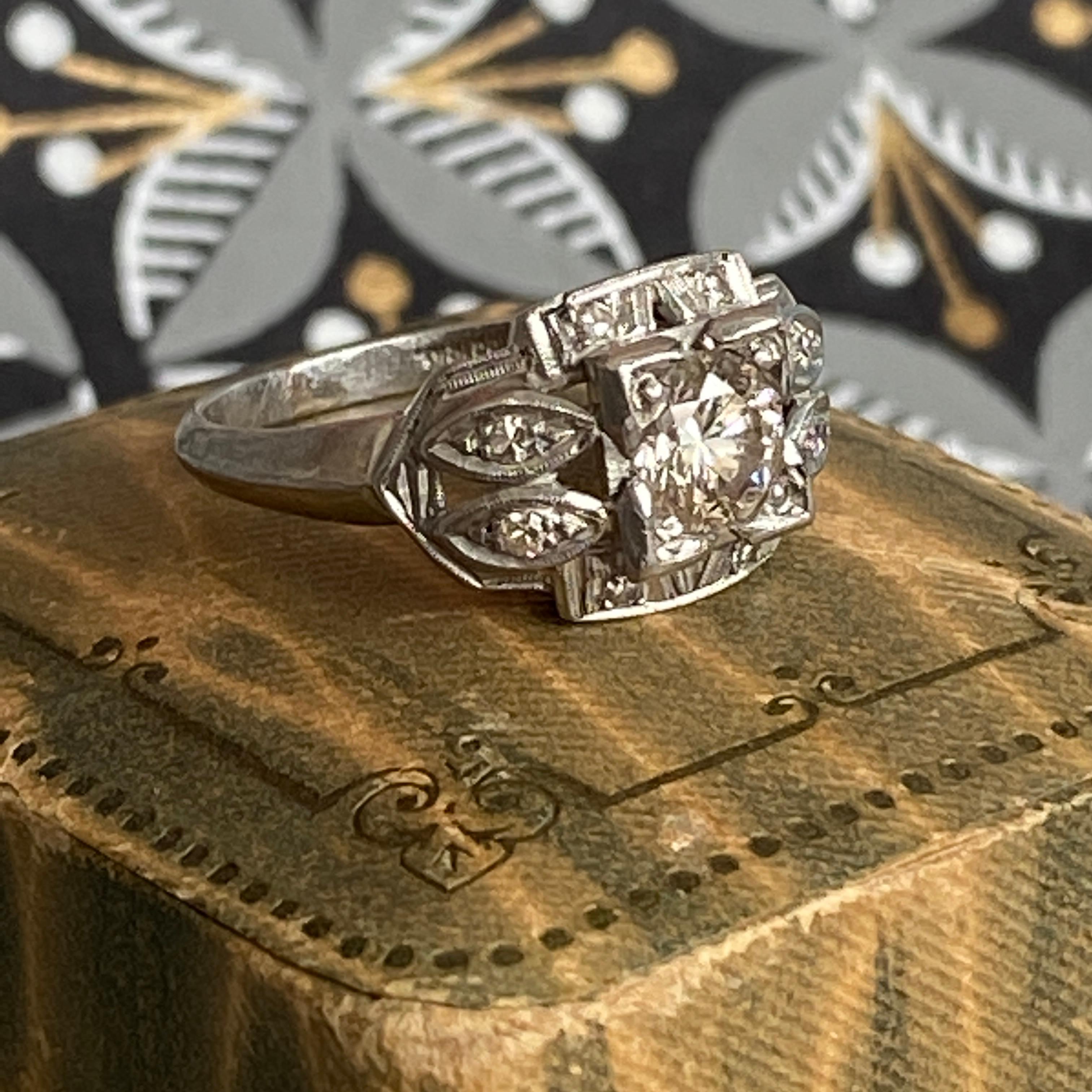 Art Deco .57ct Diamond Platinum Engagement Ring For Sale 9