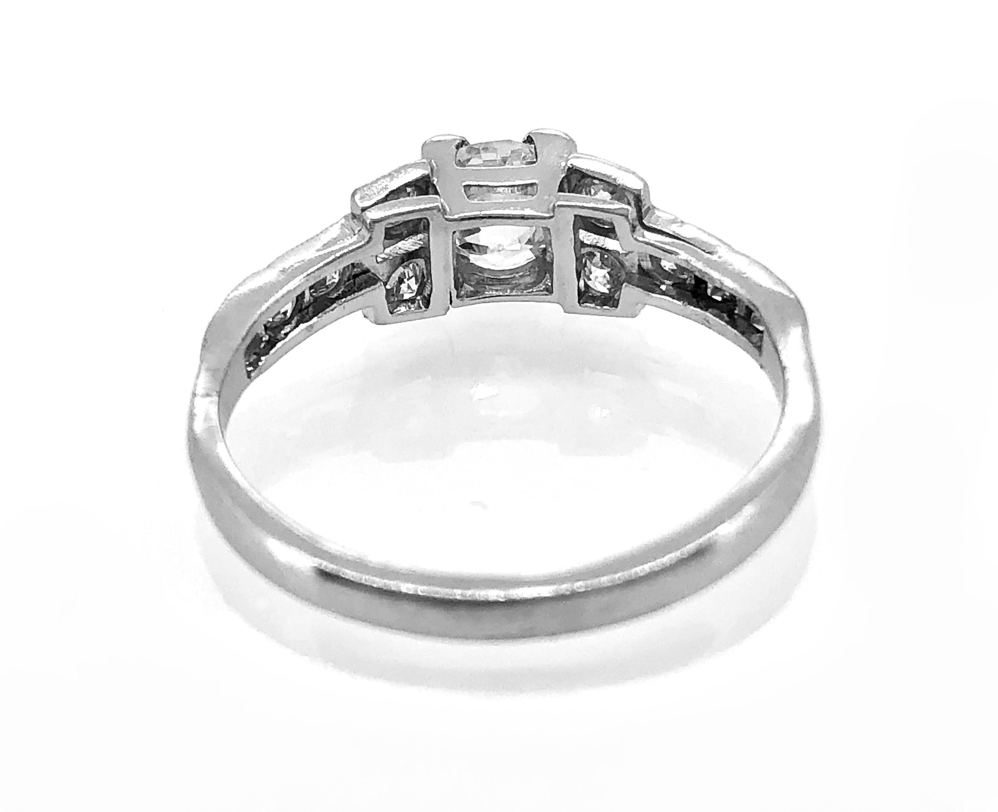 Cushion Cut Art Deco .58 Carat Diamond Platinum Engagement Ring For Sale
