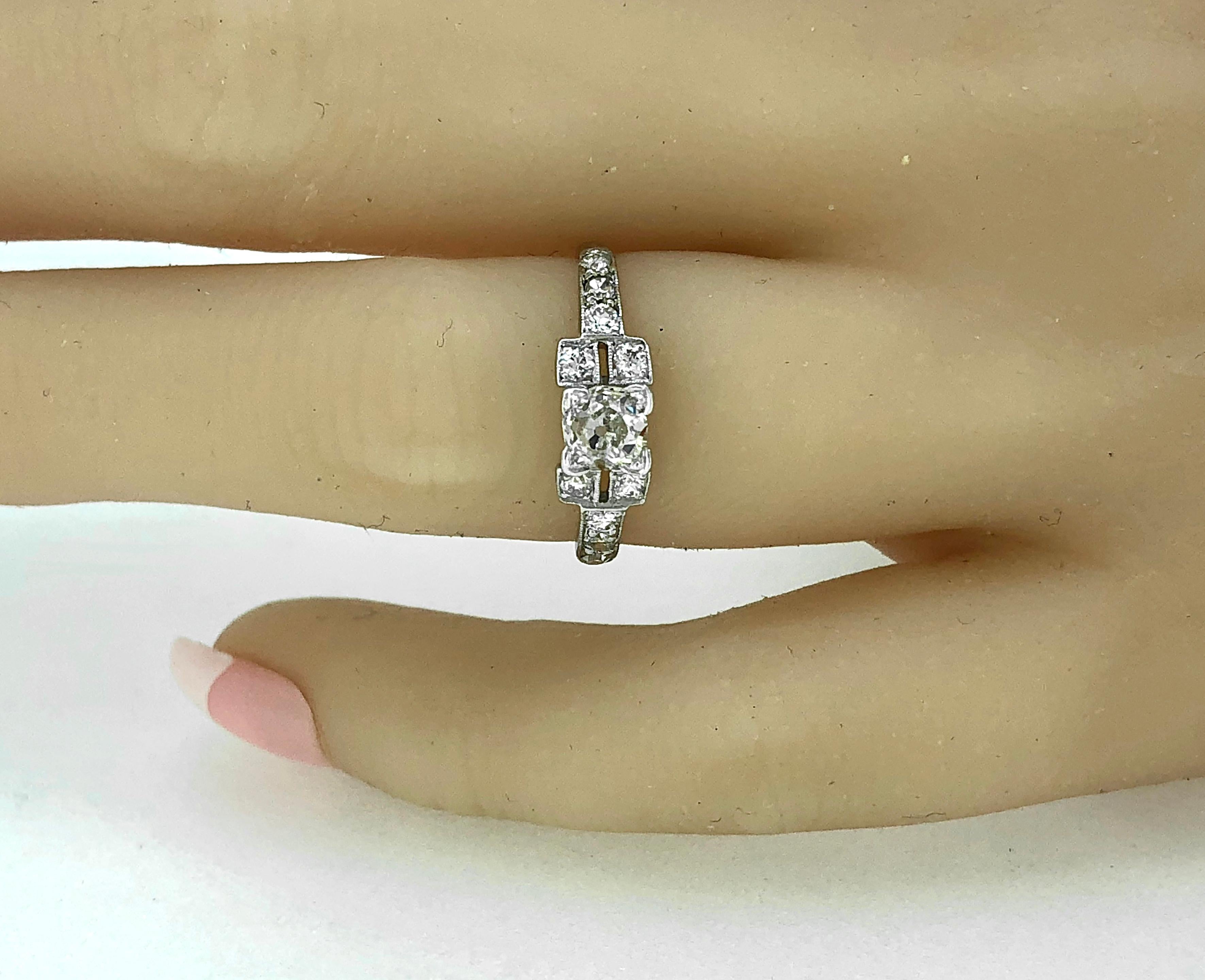 Art Deco .58 Carat Diamond Platinum Engagement Ring In Excellent Condition For Sale In Tampa, FL