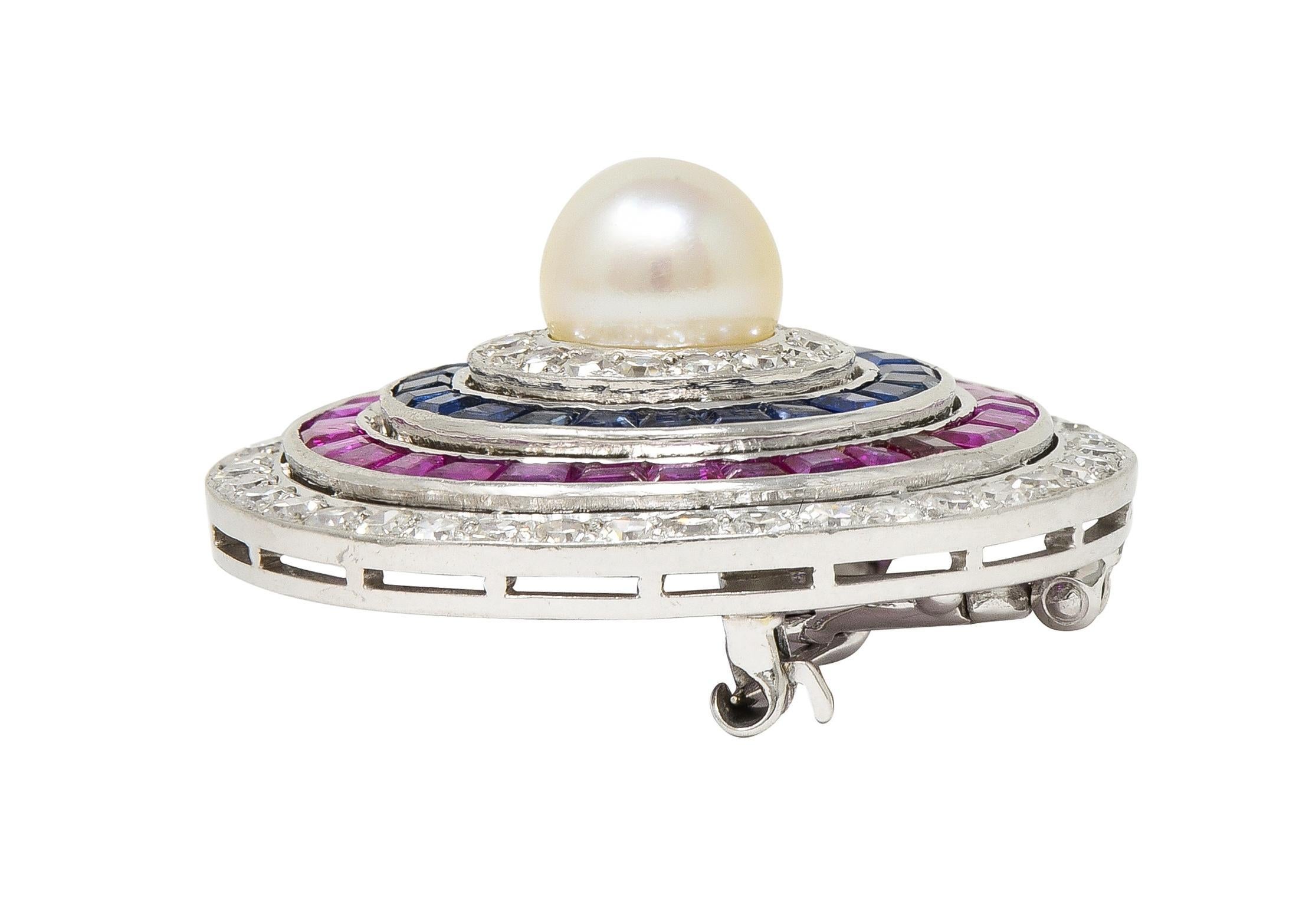 Art Deco 5.84 CTW Diamond Sapphire Ruby Pearl Circle Platinum Pendant Brooch For Sale 5