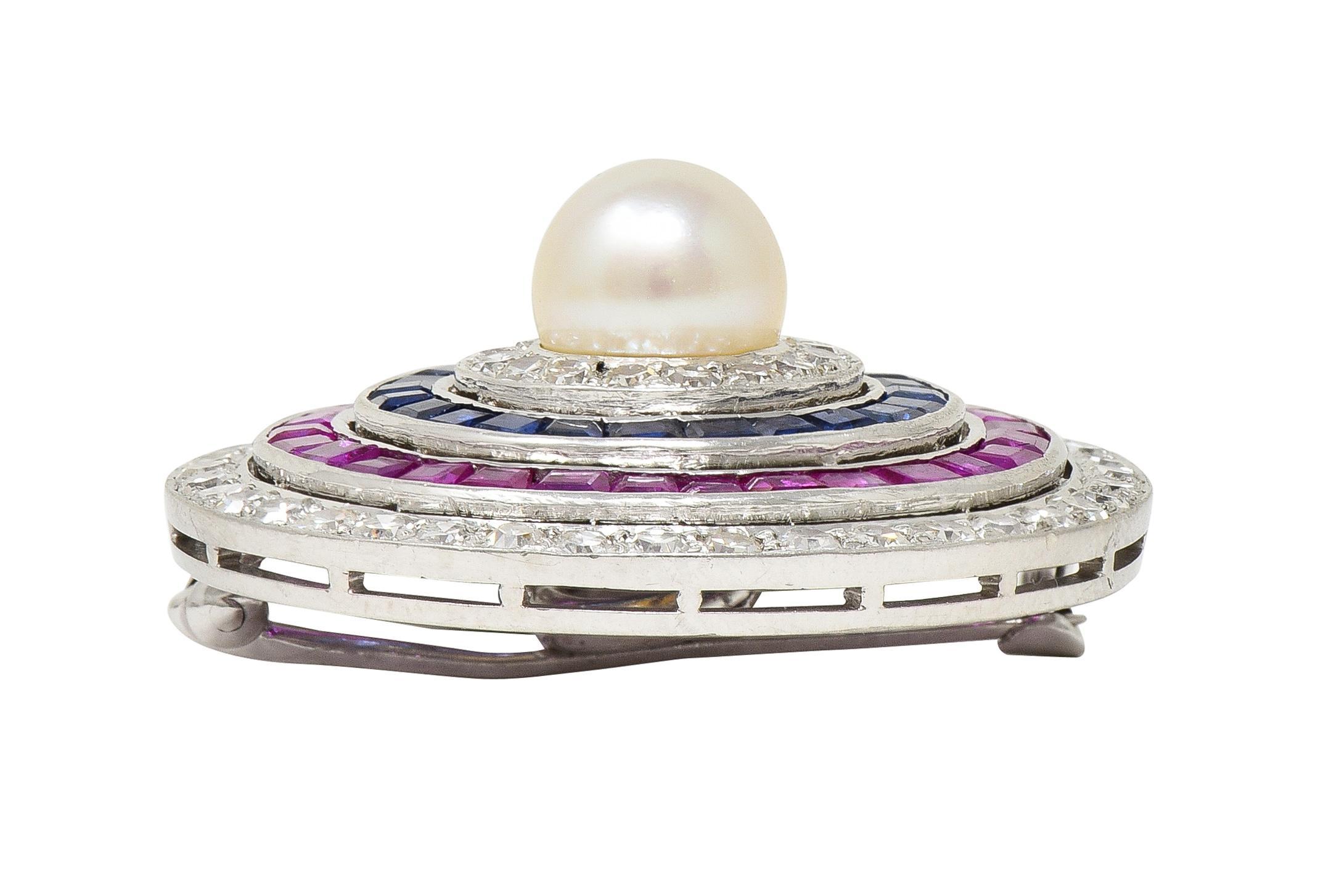 Art Deco 5.84 CTW Diamond Sapphire Ruby Pearl Circle Platinum Pendant Brooch For Sale 6