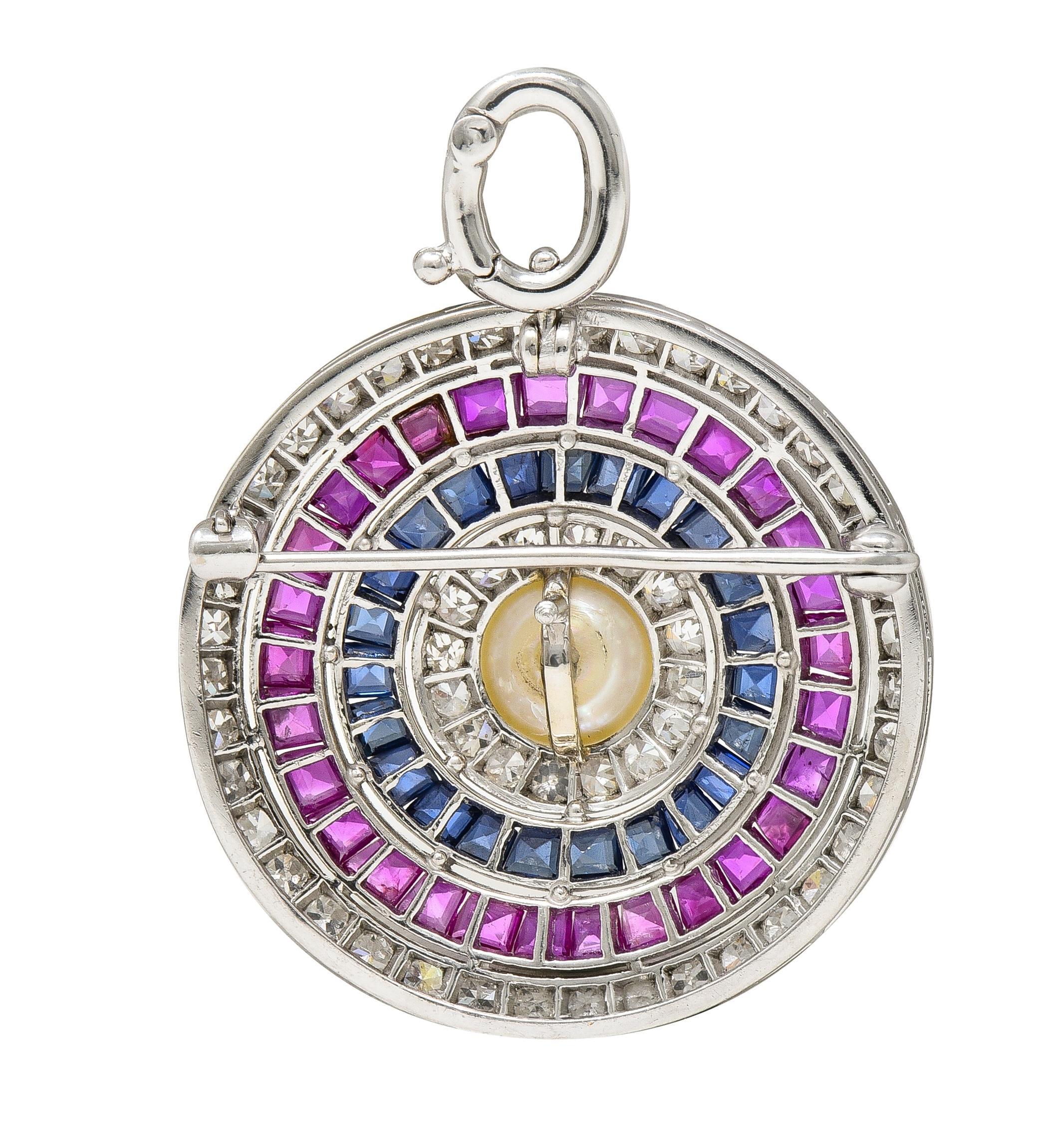 Round Cut Art Deco 5.84 CTW Diamond Sapphire Ruby Pearl Circle Platinum Pendant Brooch For Sale