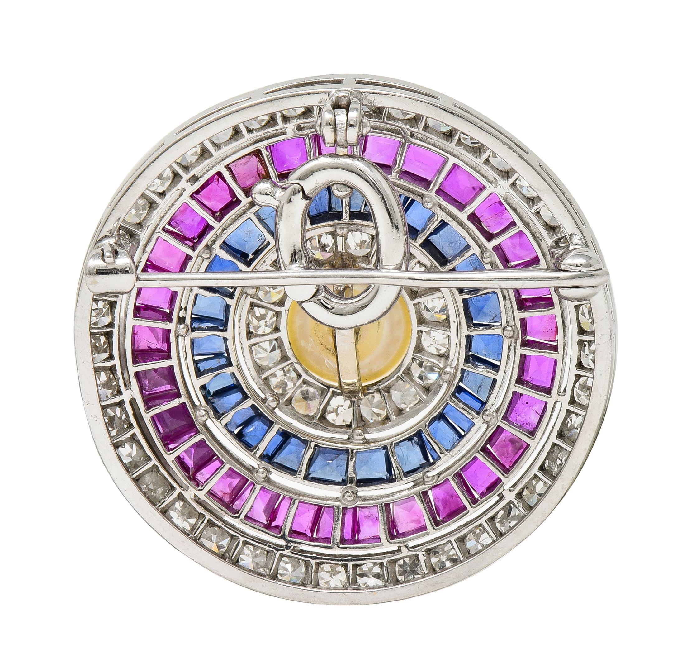 Art Deco 5.84 CTW Diamond Sapphire Ruby Pearl Circle Platinum Pendant Brooch In Excellent Condition For Sale In Philadelphia, PA