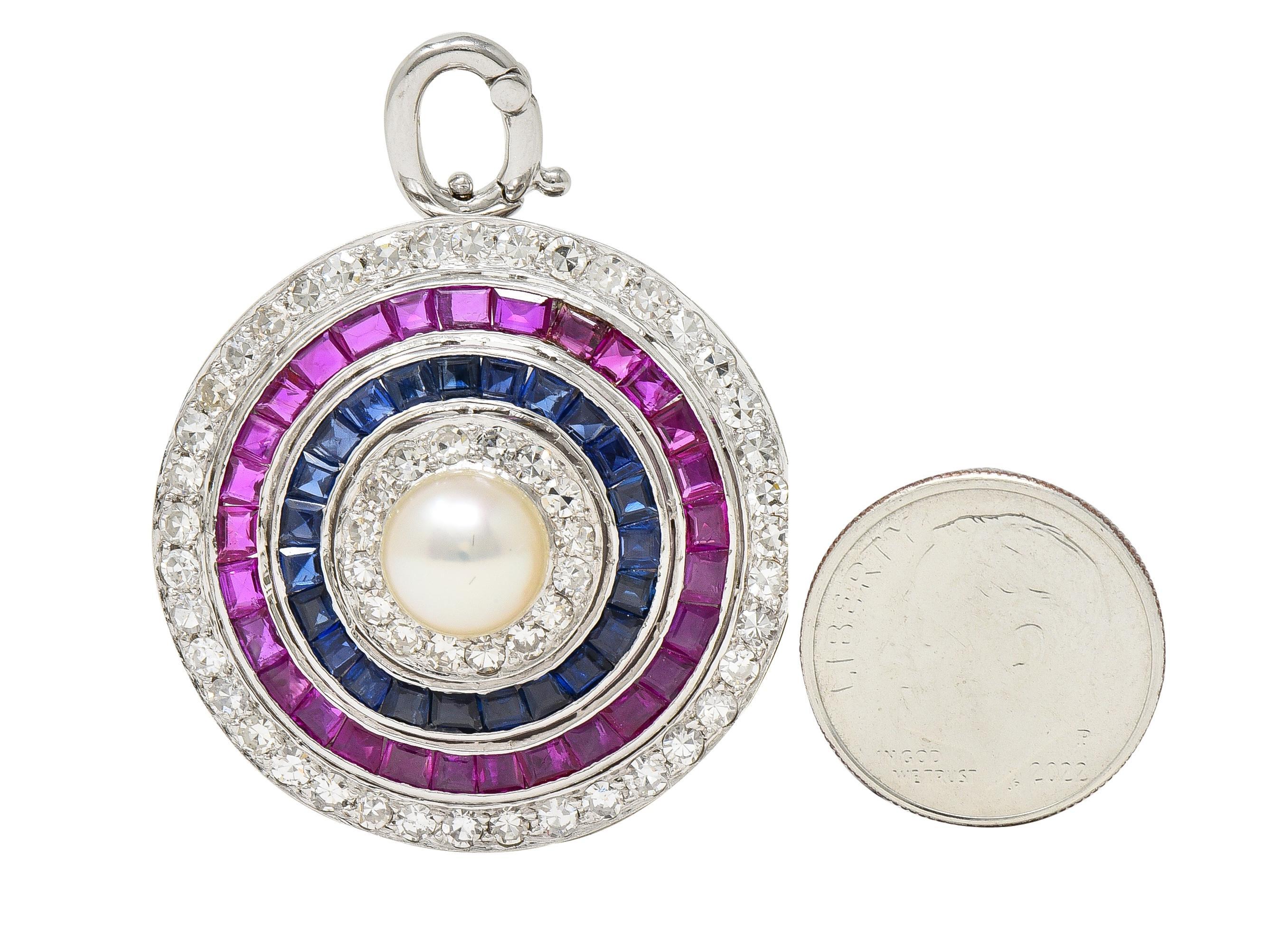 Women's or Men's Art Deco 5.84 CTW Diamond Sapphire Ruby Pearl Circle Platinum Pendant Brooch For Sale