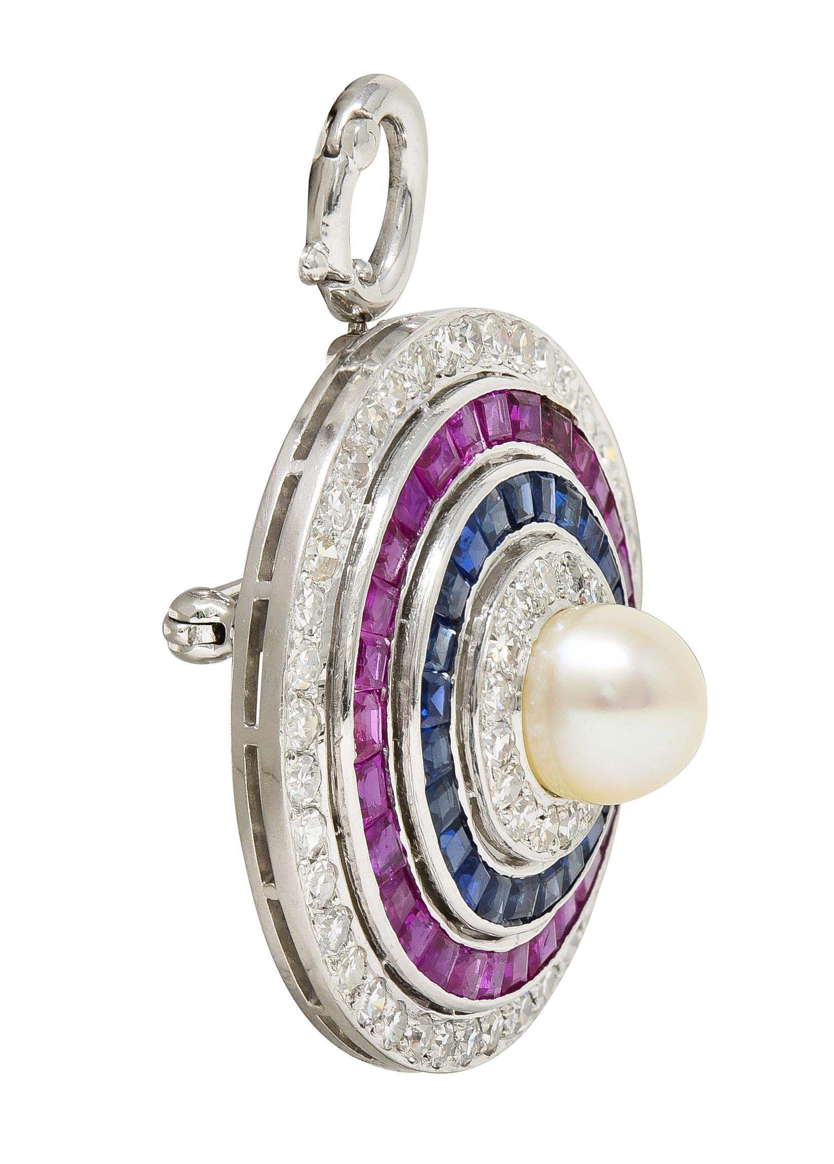 Art Deco 5.84 CTW Diamond Sapphire Ruby Pearl Circle Platinum Pendant Brooch For Sale 1