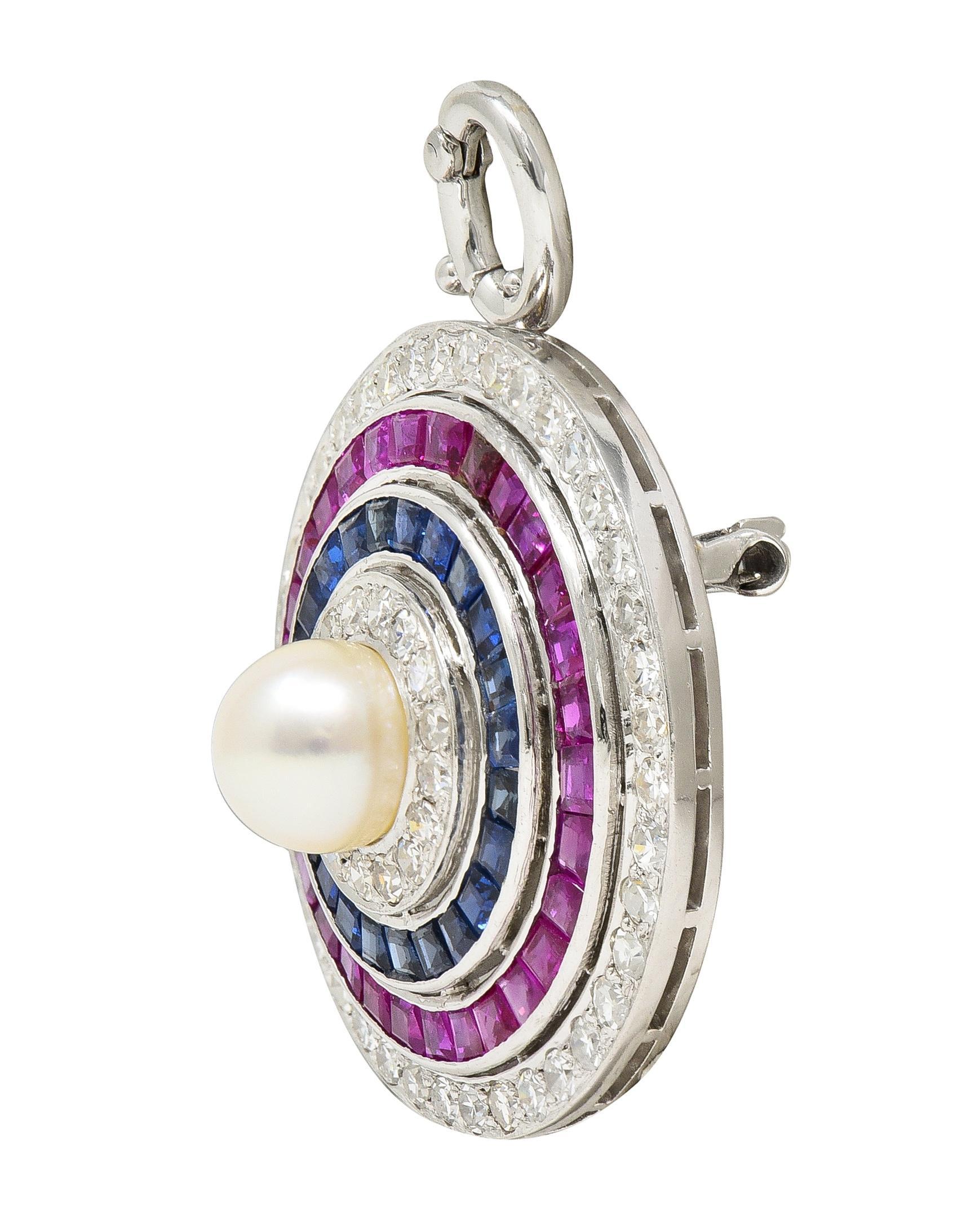 Art Deco 5.84 CTW Diamond Sapphire Ruby Pearl Circle Platinum Pendant Brooch For Sale 2