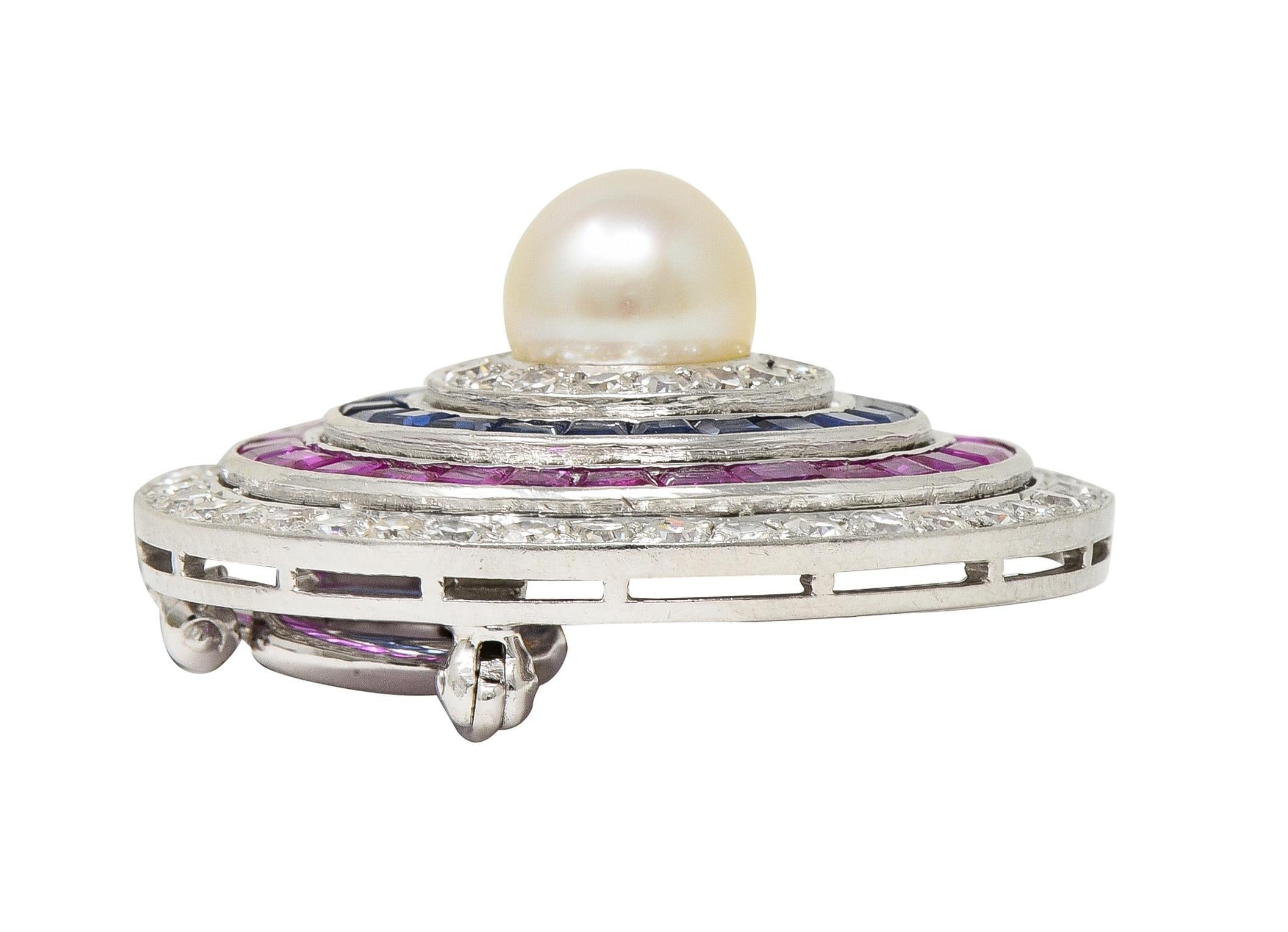 Art Deco 5.84 CTW Diamond Sapphire Ruby Pearl Circle Platinum Pendant Brooch For Sale 3