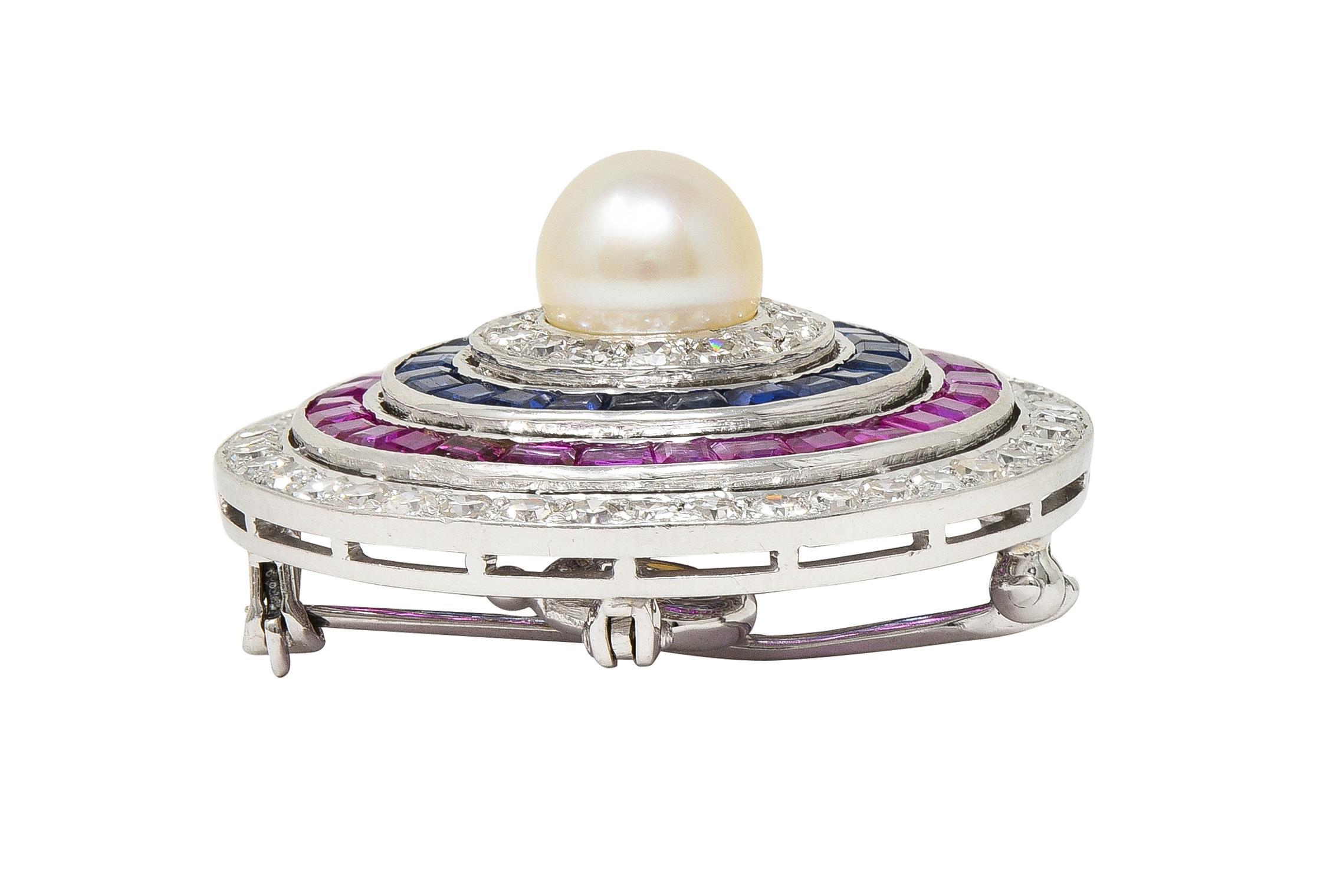 Art Deco 5.84 CTW Diamond Sapphire Ruby Pearl Circle Platinum Pendant Brooch For Sale 4