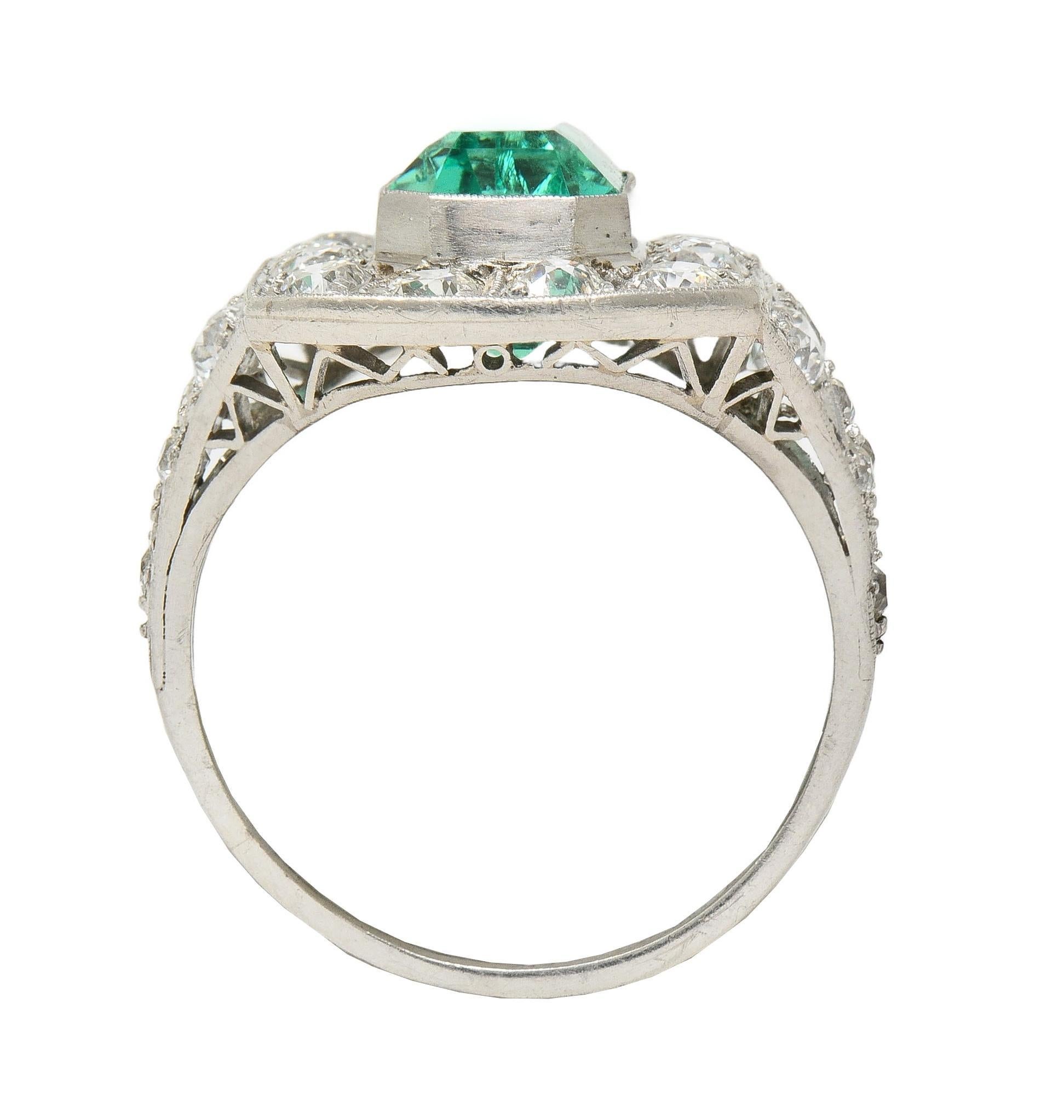 Art Deco 5.86 CTW Colombian Emerald Diamond Platinum Vintage Halo Ring GIA For Sale 5