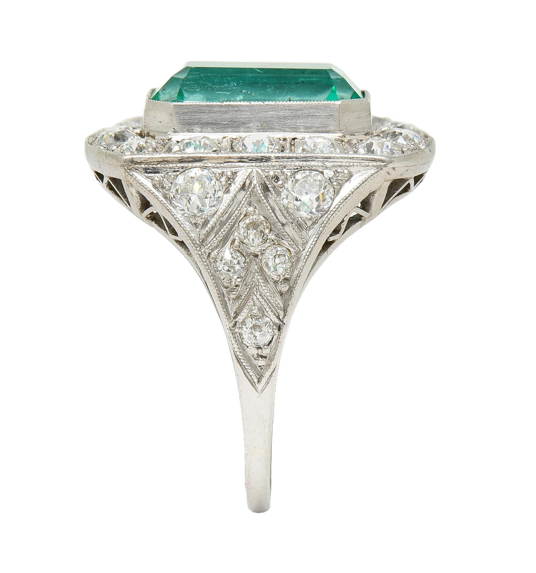 Art Deco 5.86 CTW Colombian Emerald Diamond Platinum Vintage Halo Ring GIA For Sale 6