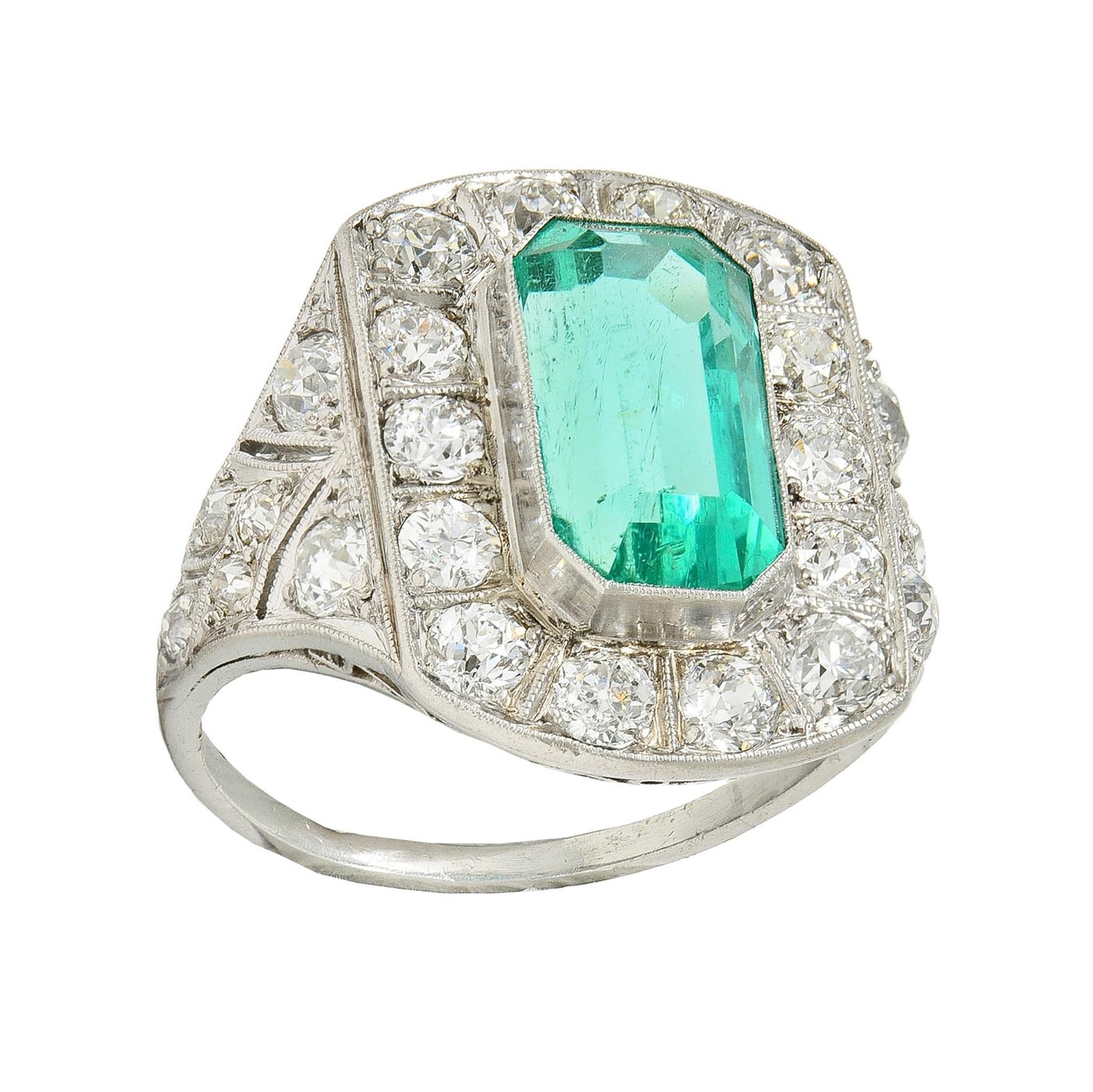 Art Deco 5.86 CTW Colombian Emerald Diamond Platinum Vintage Halo Ring GIA For Sale 7