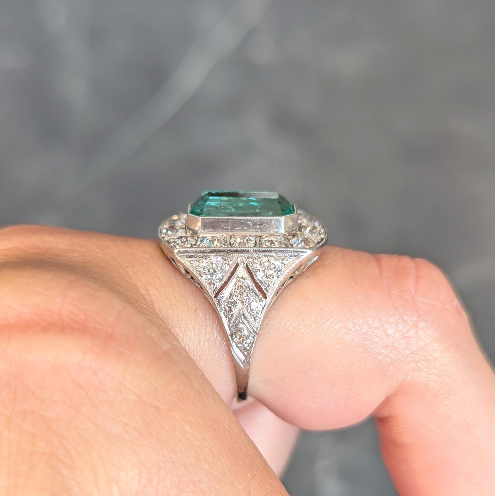 Art Deco 5.86 CTW Colombian Emerald Diamond Platinum Vintage Halo Ring GIA For Sale 9