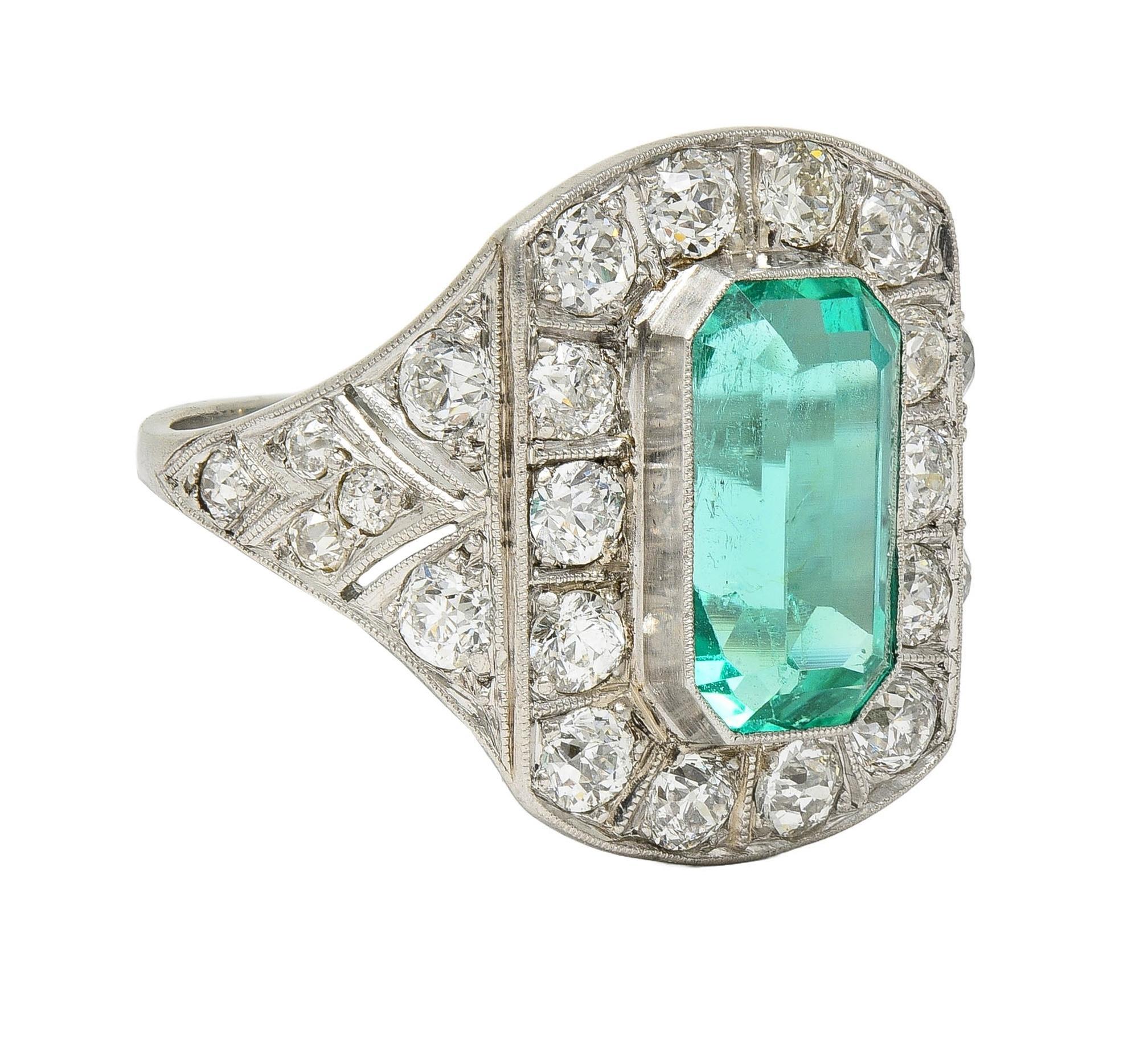 Emerald Cut Art Deco 5.86 CTW Colombian Emerald Diamond Platinum Vintage Halo Ring GIA For Sale
