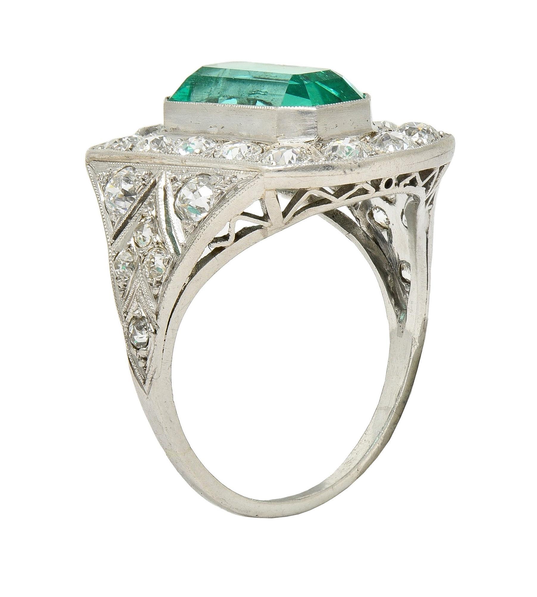 Art Deco 5.86 CTW Colombian Emerald Diamond Platinum Vintage Halo Ring GIA In Excellent Condition For Sale In Philadelphia, PA