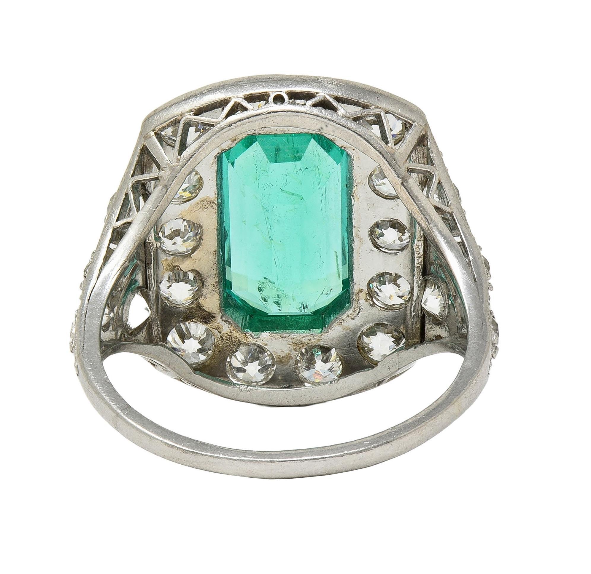 Art Deco 5.86 CTW Colombian Emerald Diamond Platinum Vintage Halo Ring GIA For Sale 1
