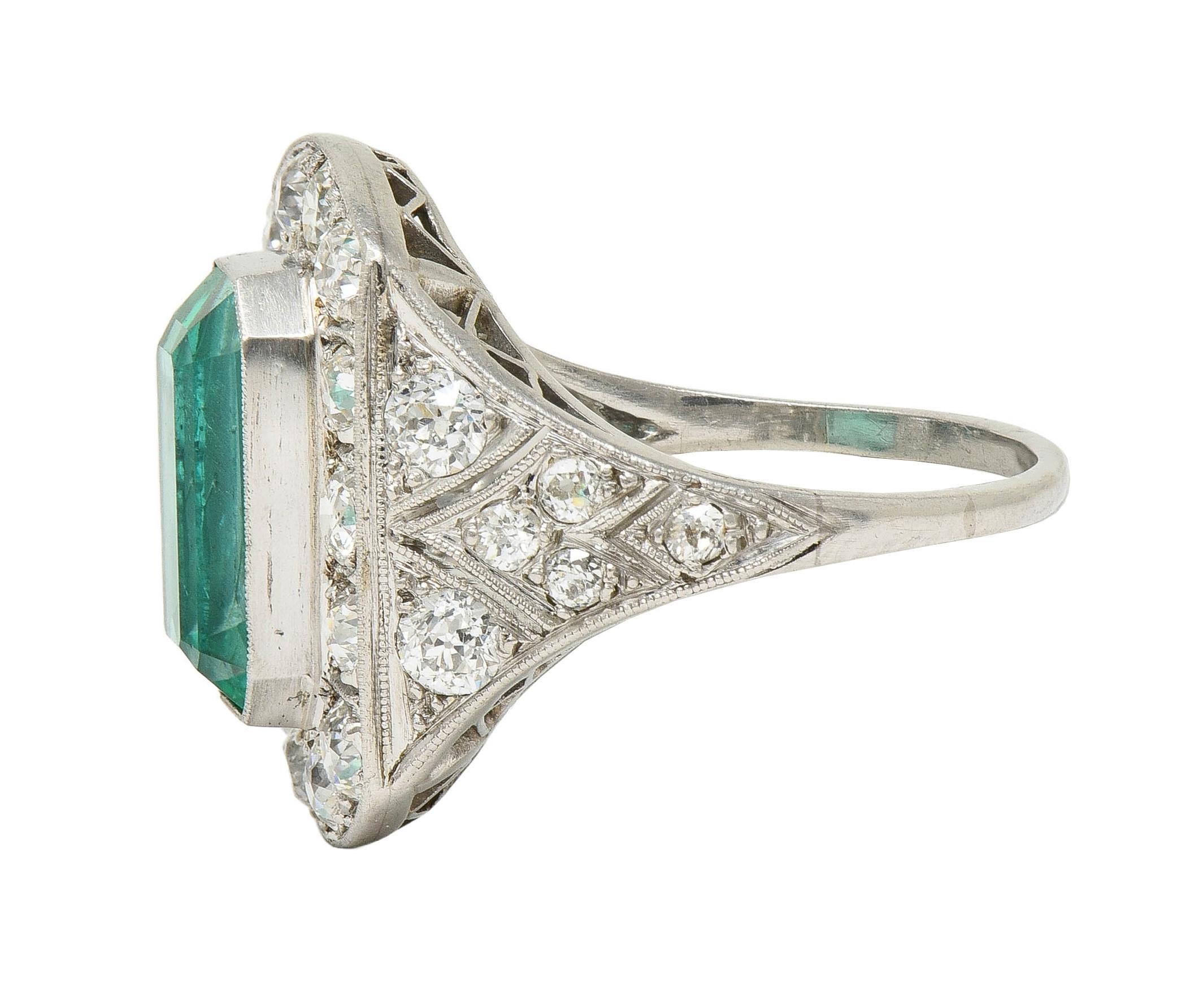 Art Deco 5.86 CTW Colombian Emerald Diamond Platinum Vintage Halo Ring GIA For Sale 2