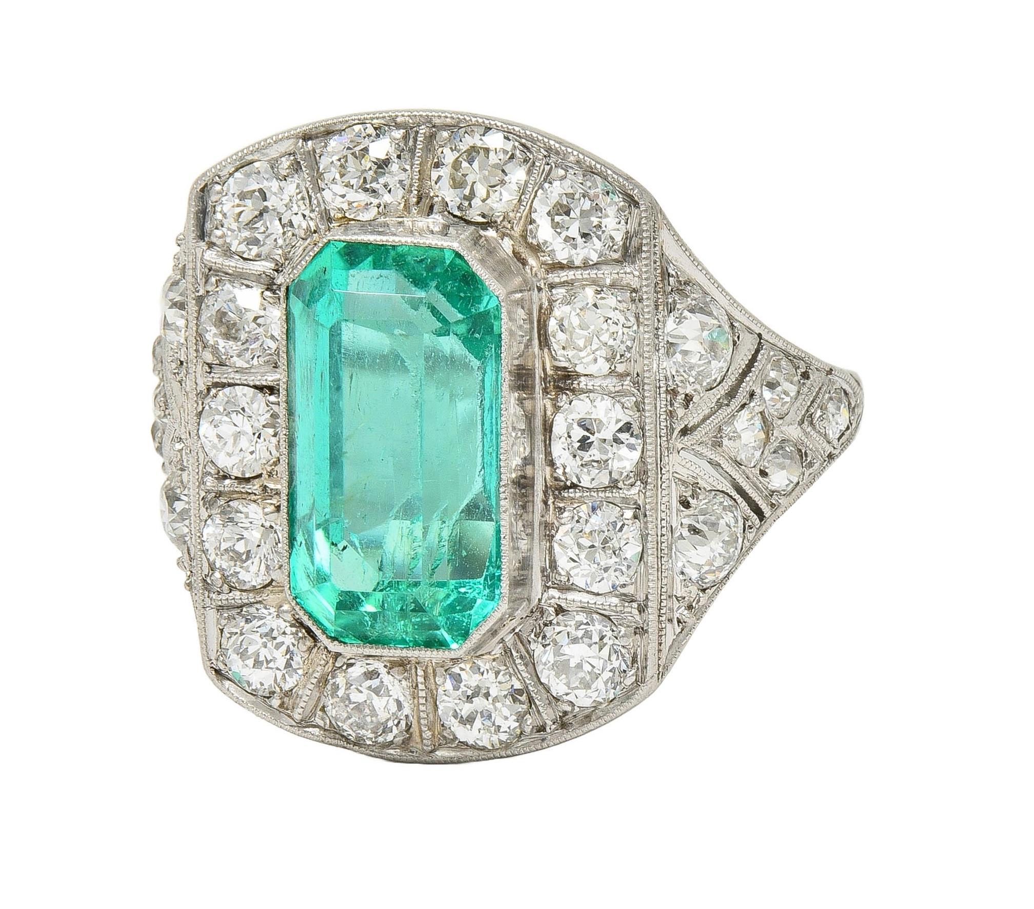 Art Deco 5.86 CTW Colombian Emerald Diamond Platinum Vintage Halo Ring GIA For Sale 3