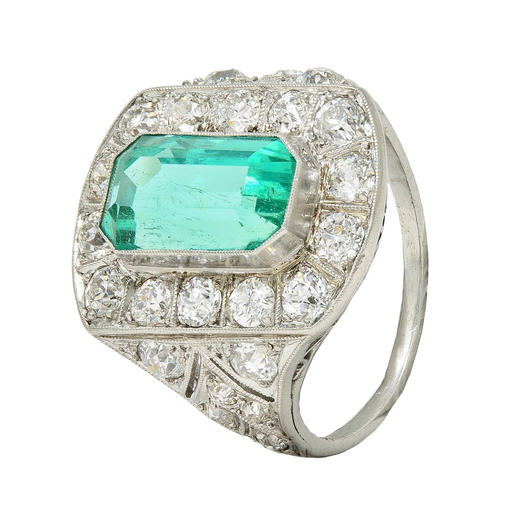 Art Deco 5.86 CTW Colombian Emerald Diamond Platinum Vintage Halo Ring GIA For Sale 4