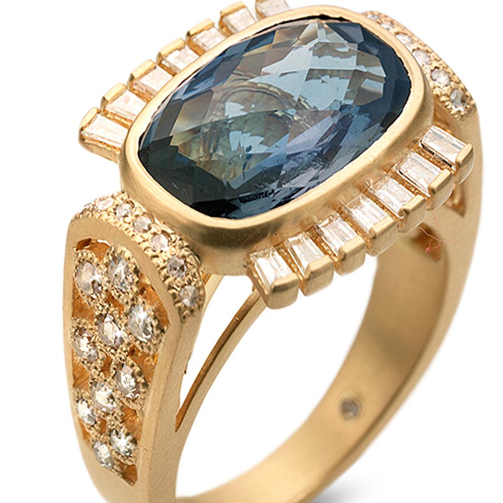 Affinity Ring Set in 20 Karat Yellow Gold with 5.87 Carat London Blue Topaz and 0.85 Carat Diamonds. This Ring Design Features A Cushion Cut Blue Topaz On The Center and Rose-Cut Diamond Surrounds and inspired by Art Deco style. 