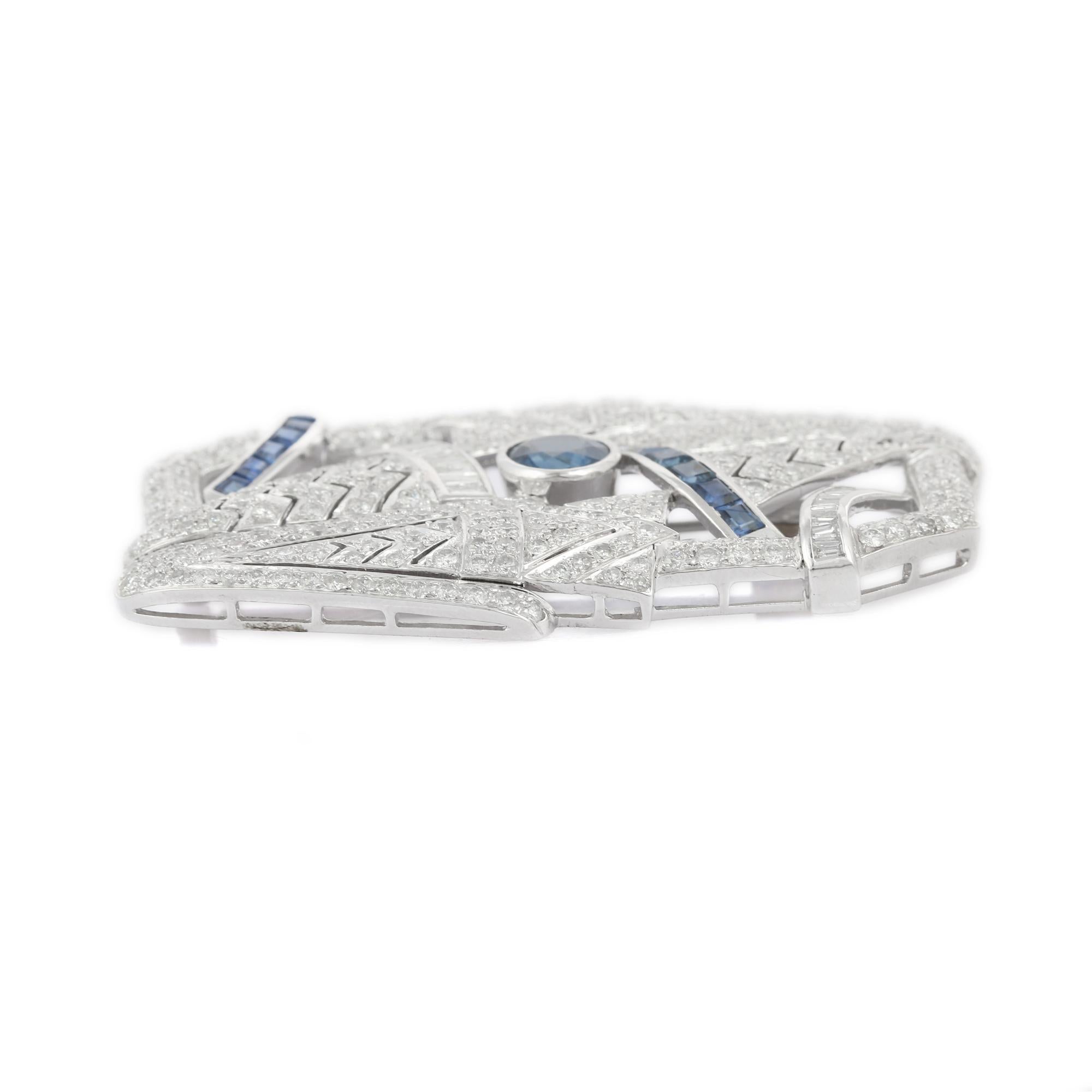 Modern Regal 5.96 CTW Diamond 3.9 CTW Sapphire Brooch in 18k Solid White Gold For Sale