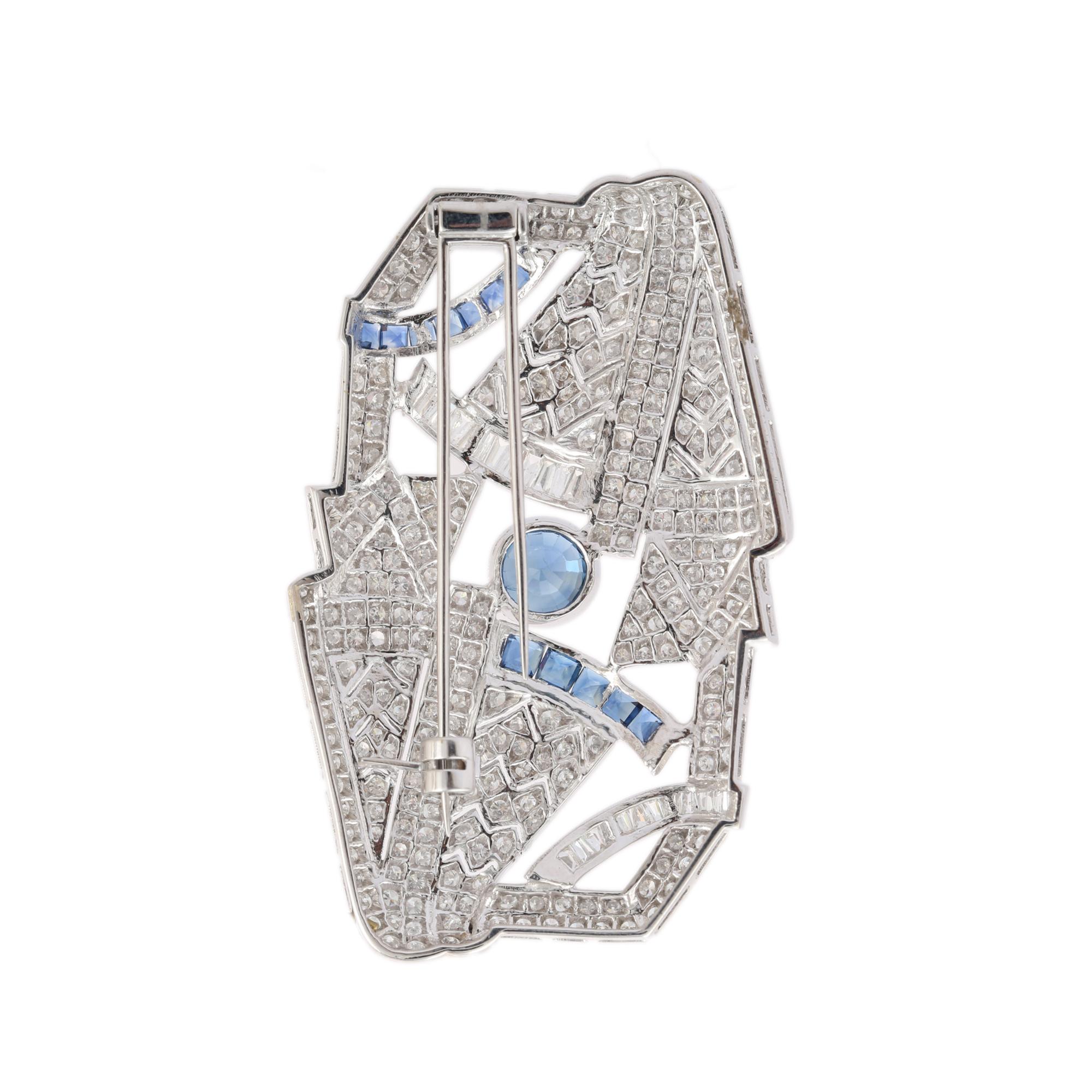 Oval Cut Regal 5.96 CTW Diamond 3.9 CTW Sapphire Brooch in 18k Solid White Gold For Sale