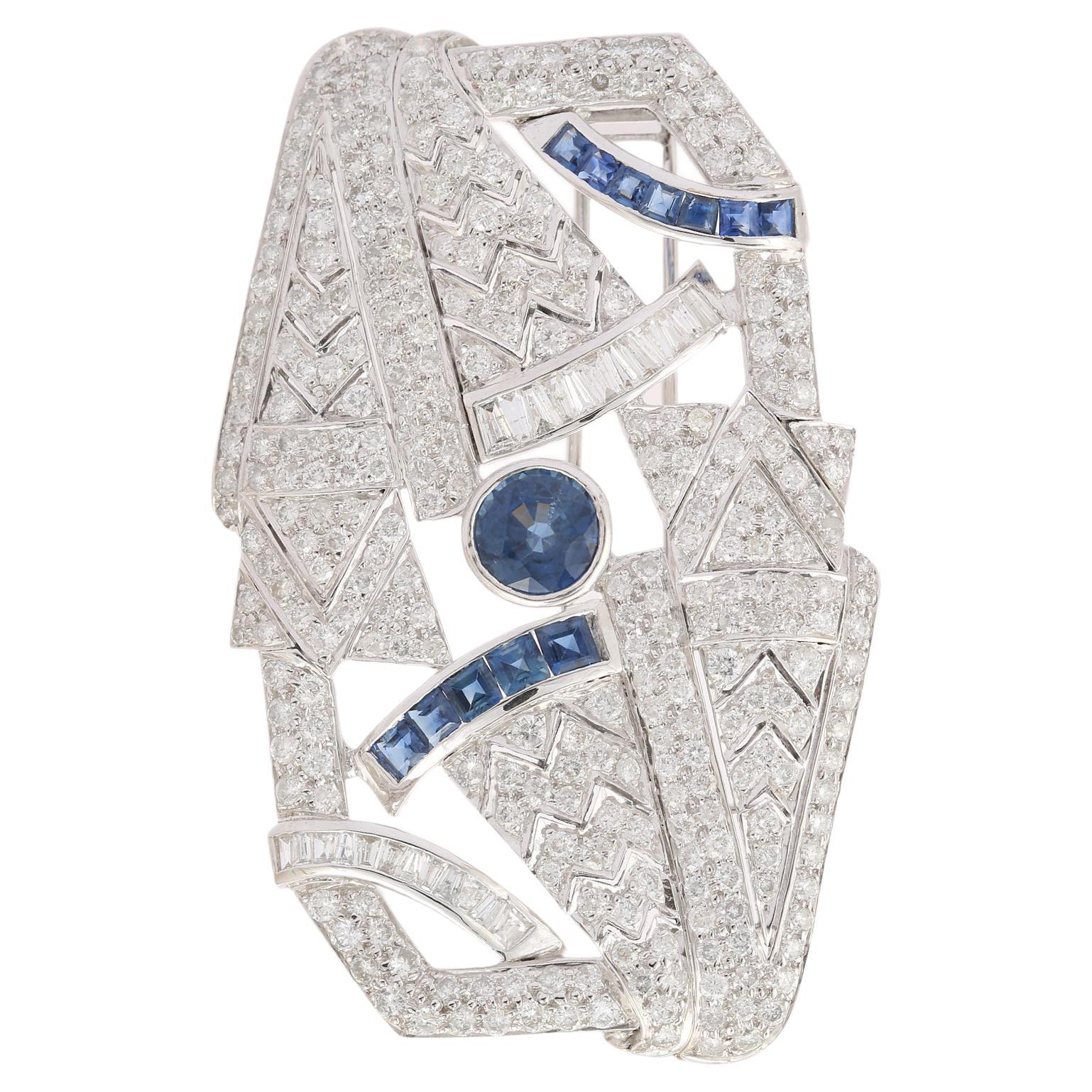 Regal 5.96 CTW Diamond 3.9 CTW Sapphire Brooch in 18k Solid White Gold