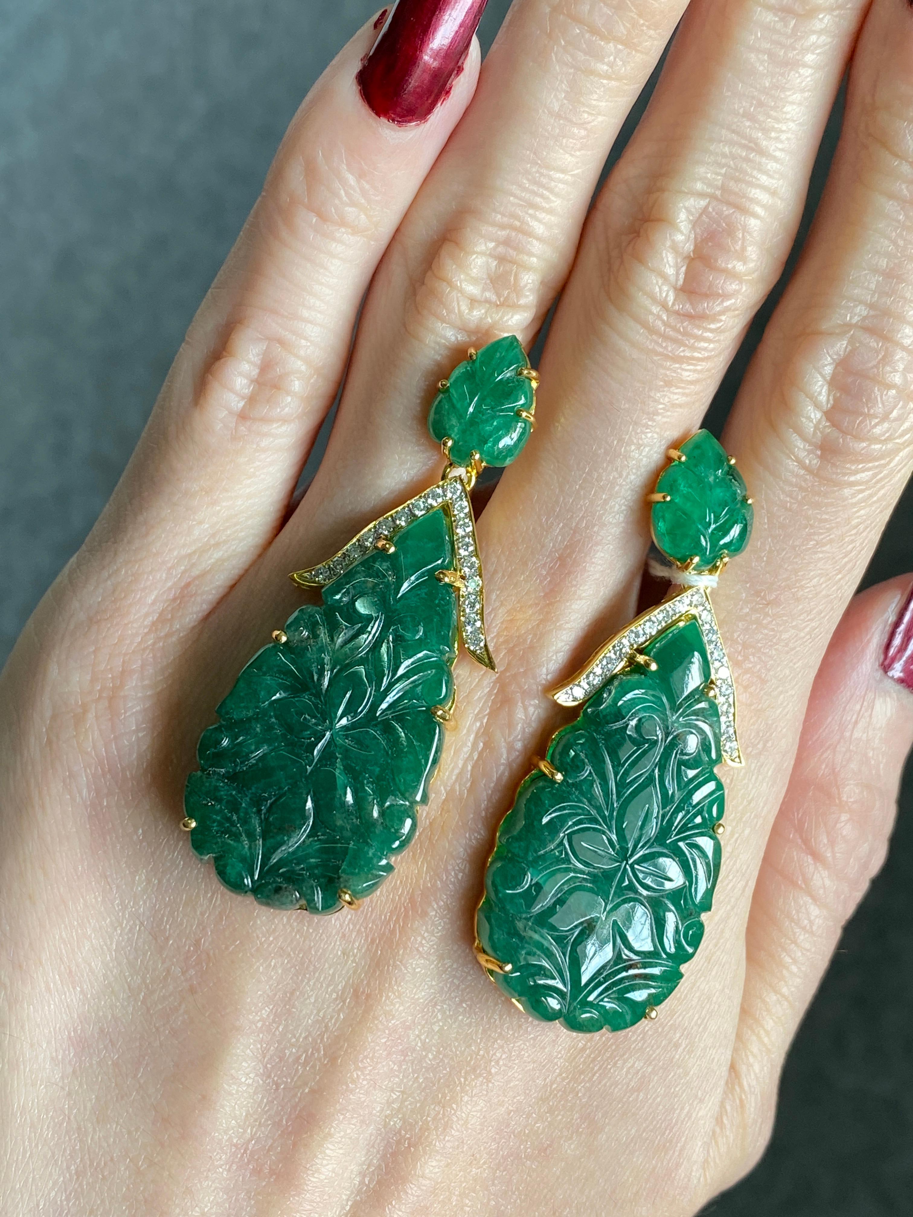 Art Deco Art-Deco 59.83 Carat Carved Emerald Drop Dangle Earrings