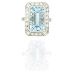 Art Déco 6 Carat aquamarine and diamond ring, platinum