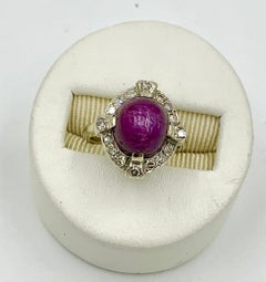 Art Deco 6 Carat Natural Star Ruby Diamond Halo Ring 14 Karat White Gold Antique