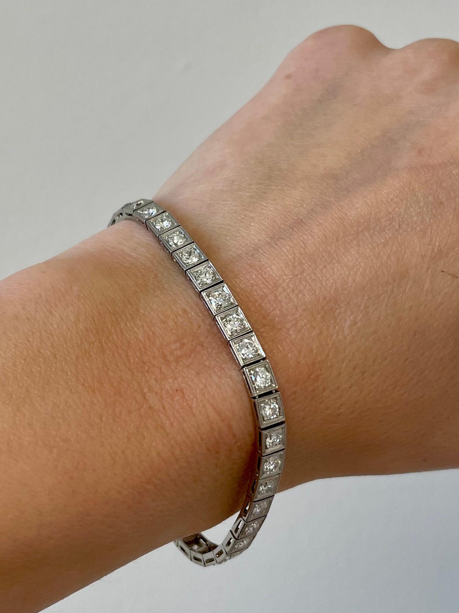 Bracelet tennis Art déco en platine avec diamants taille vieille Europe de 6 carats en vente 2